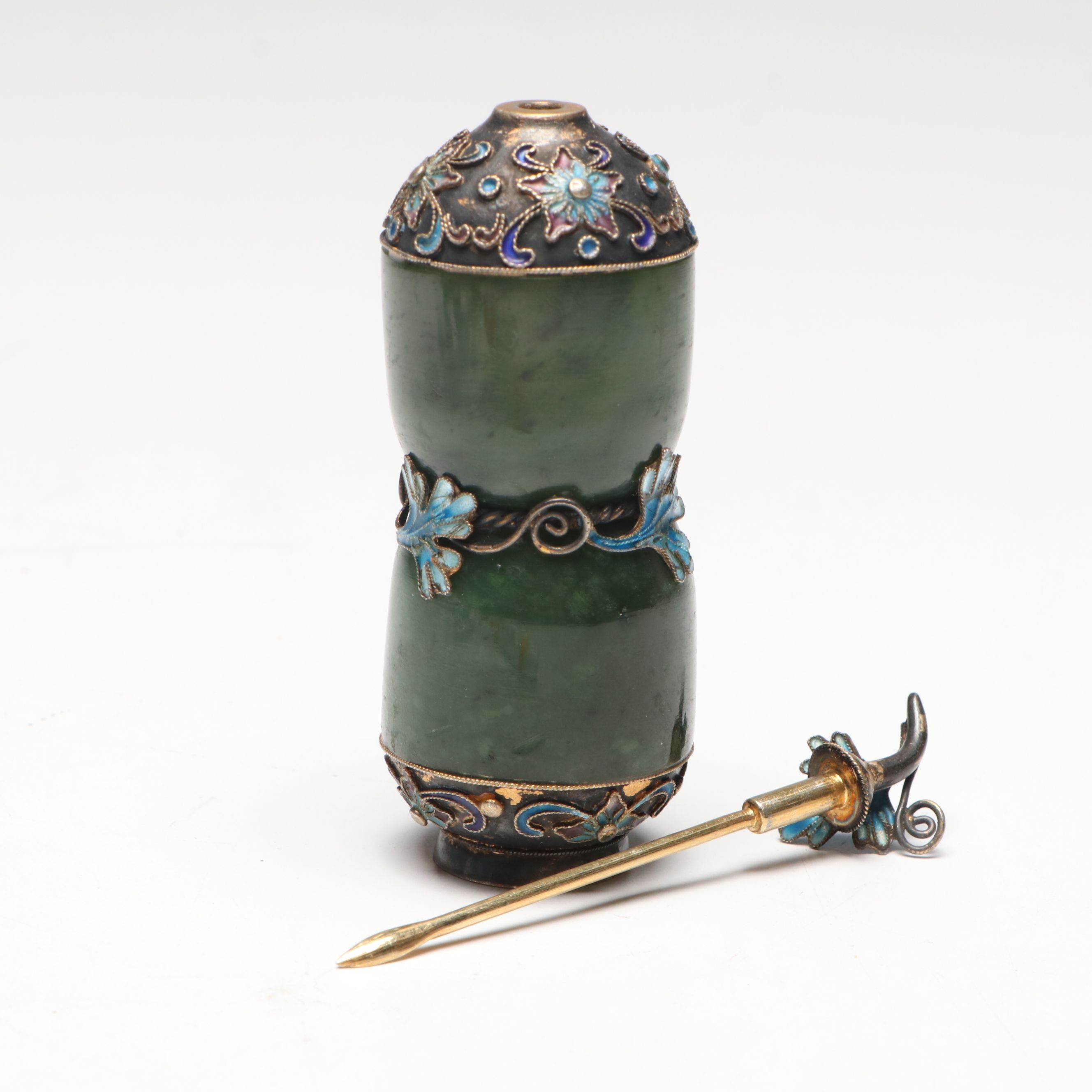 Chinese Cloisonné and Nephrite Snuff Bottle