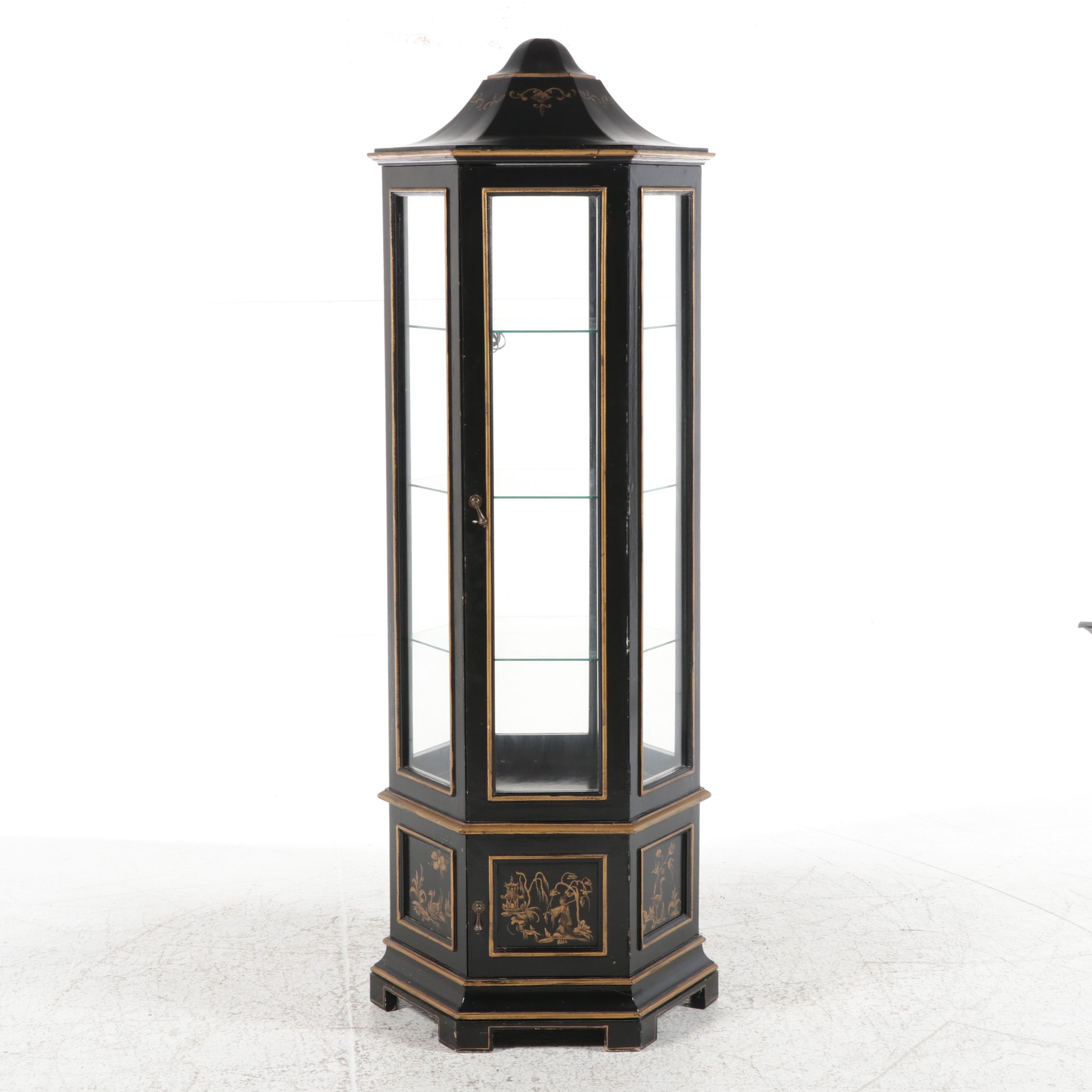 Hollywood Regency Style Chinoiserie Black Lacquer Pagoda Shaped Vitrine