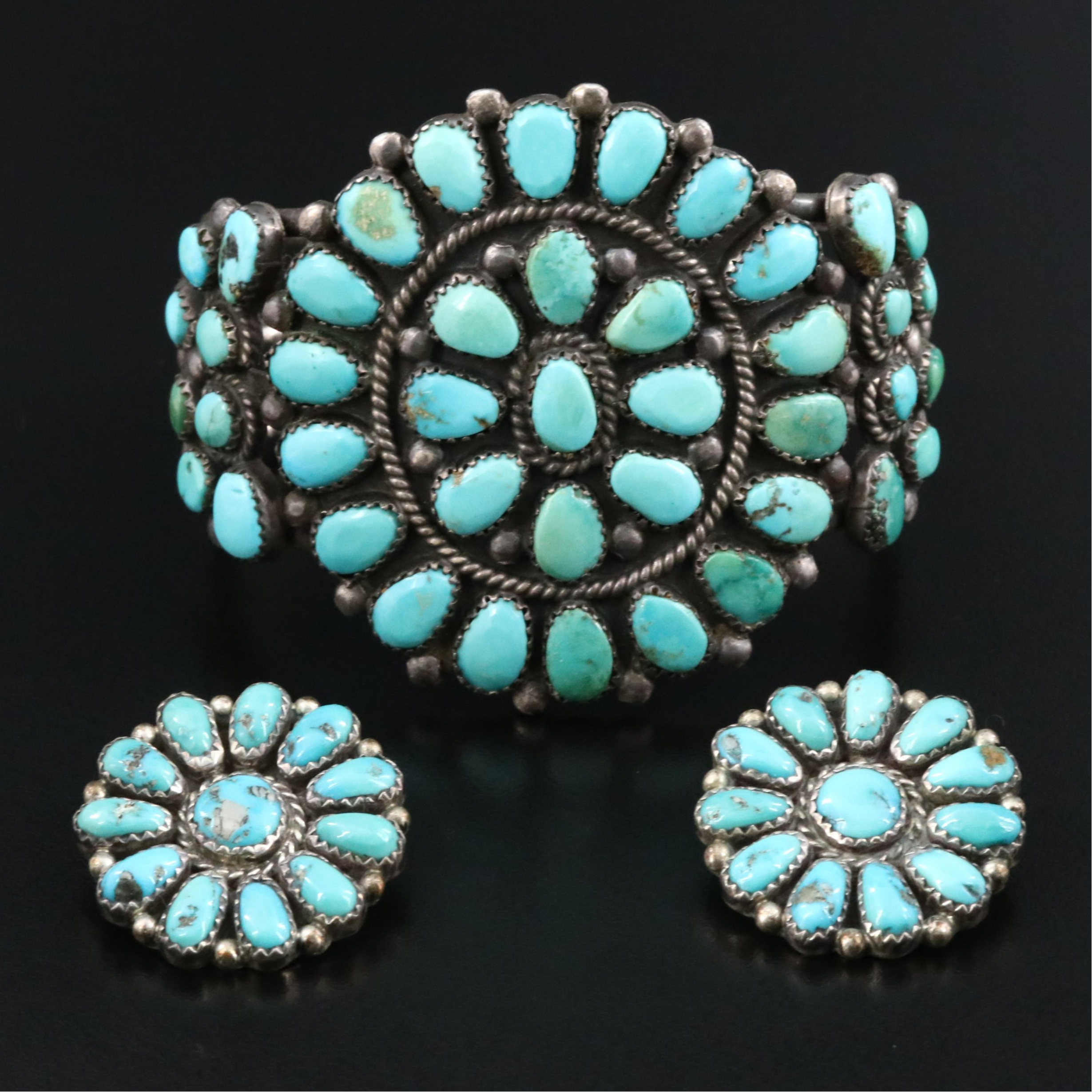 Sterling Turquoise Cuff and Earrings Featuring Navajo J & E Wilson =