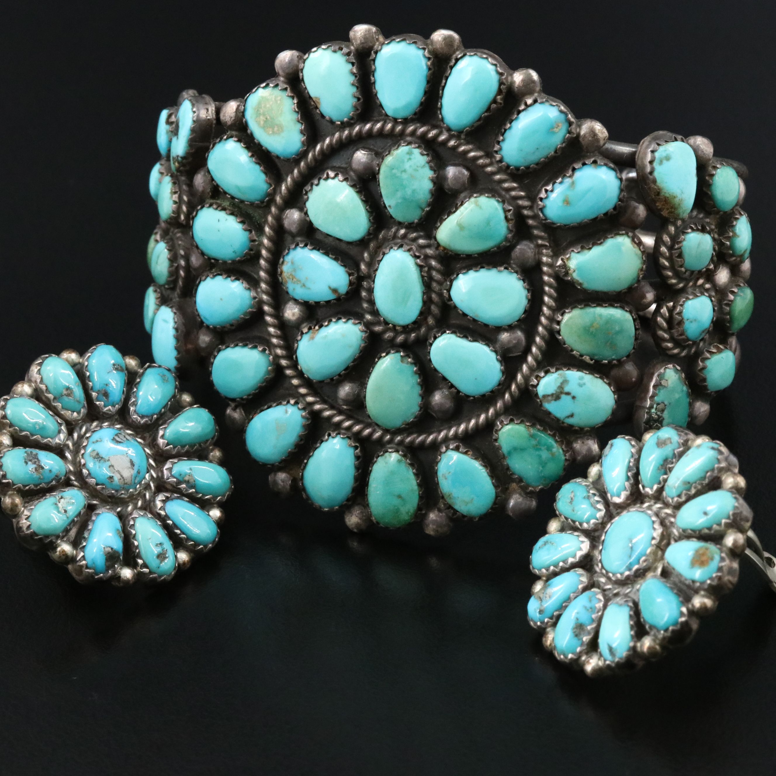 Sterling Turquoise Cuff and Earrings Featuring Navajo J & E Wilson =