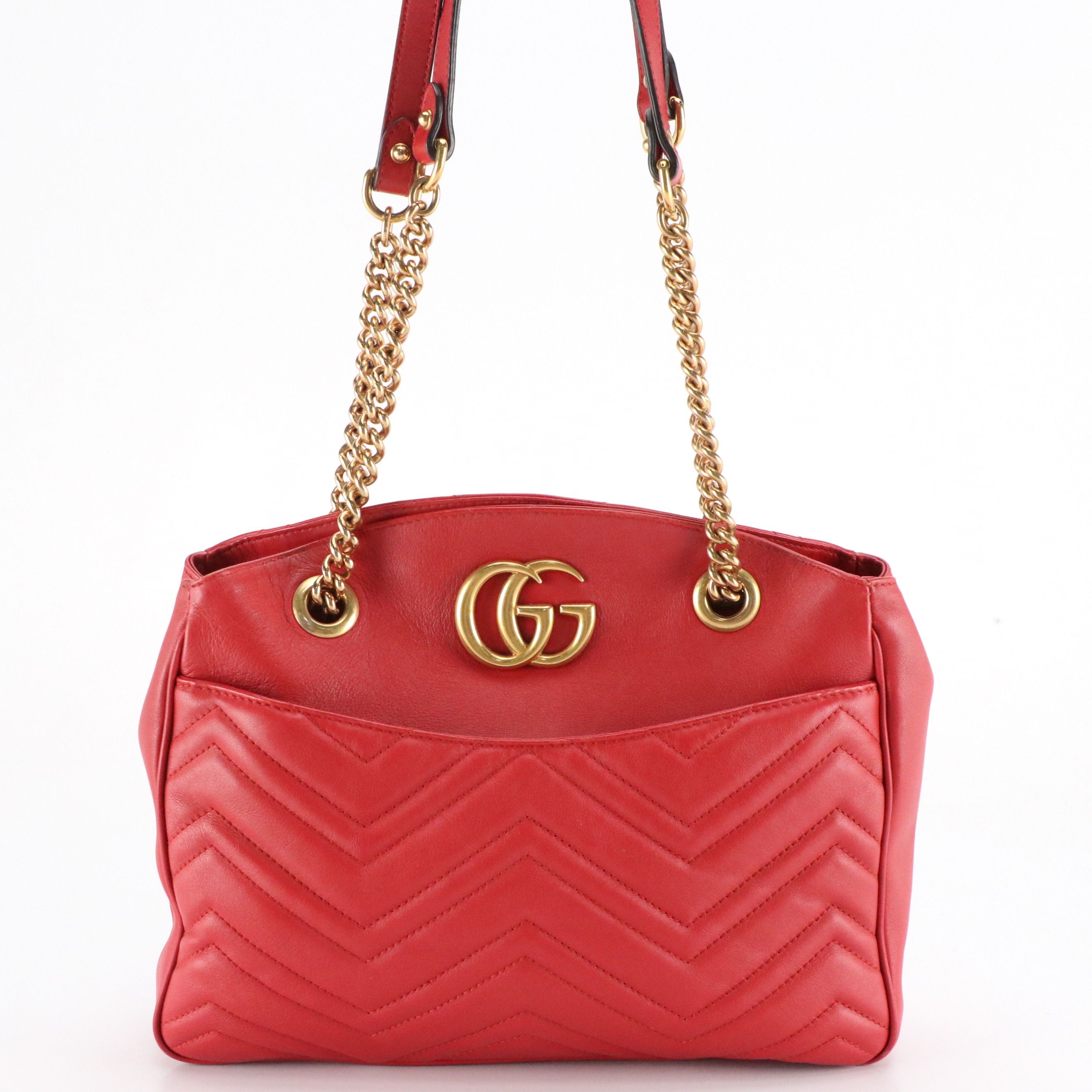 Gucci GG Marmont Chain Tote Bag in Red Matelassé Calfskin Leather