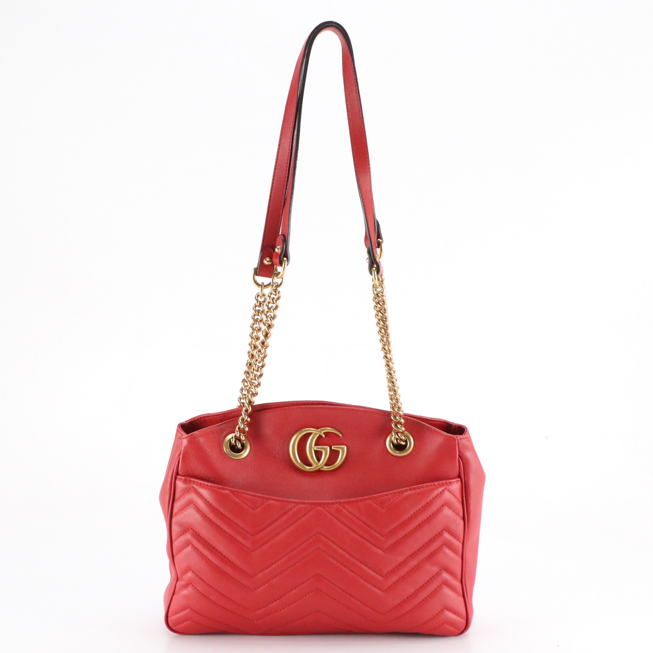 Gucci GG Marmont Chain Tote Bag in Red Matelassé Calfskin Leather