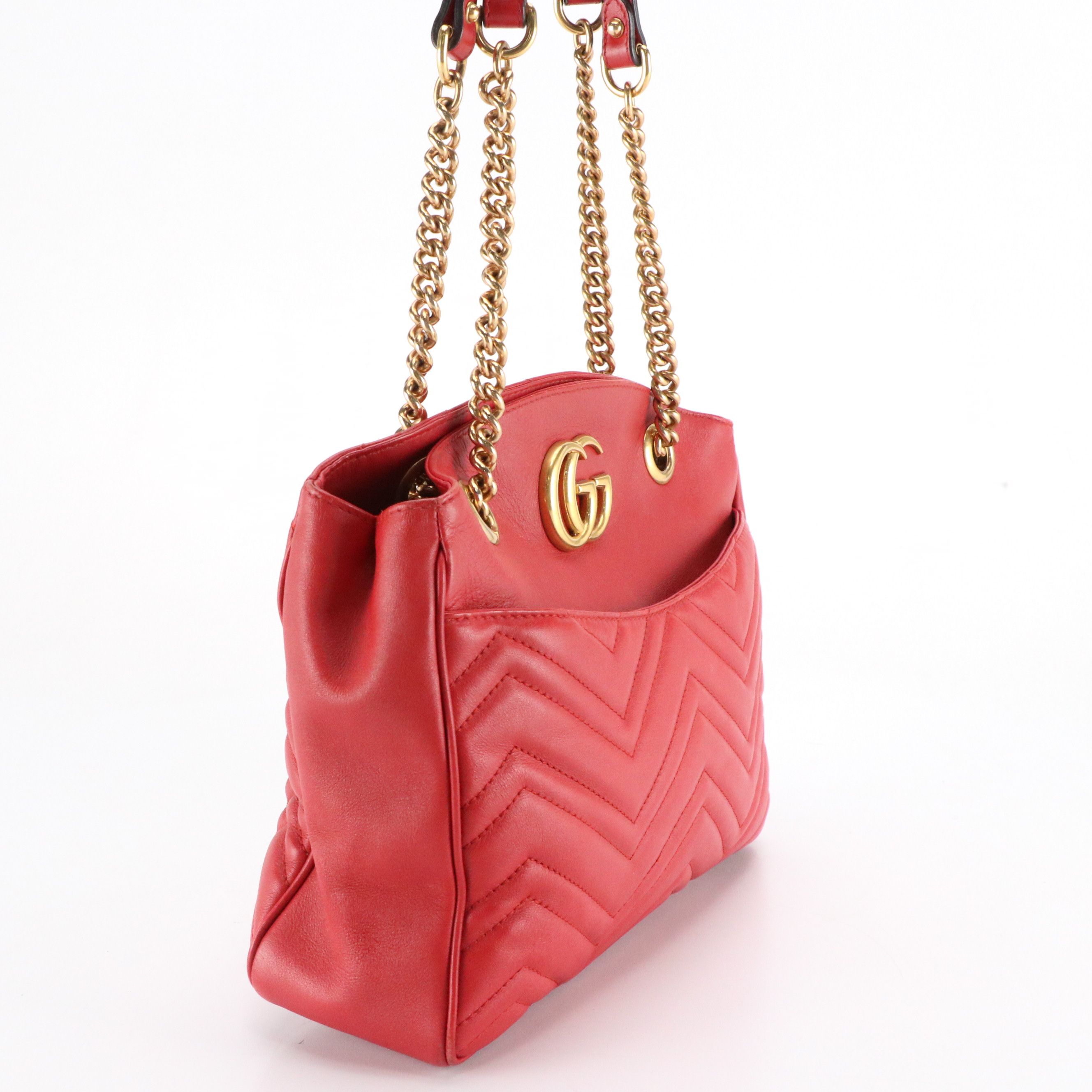 Gucci GG Marmont Chain Tote Bag in Red Matelassé Calfskin Leather