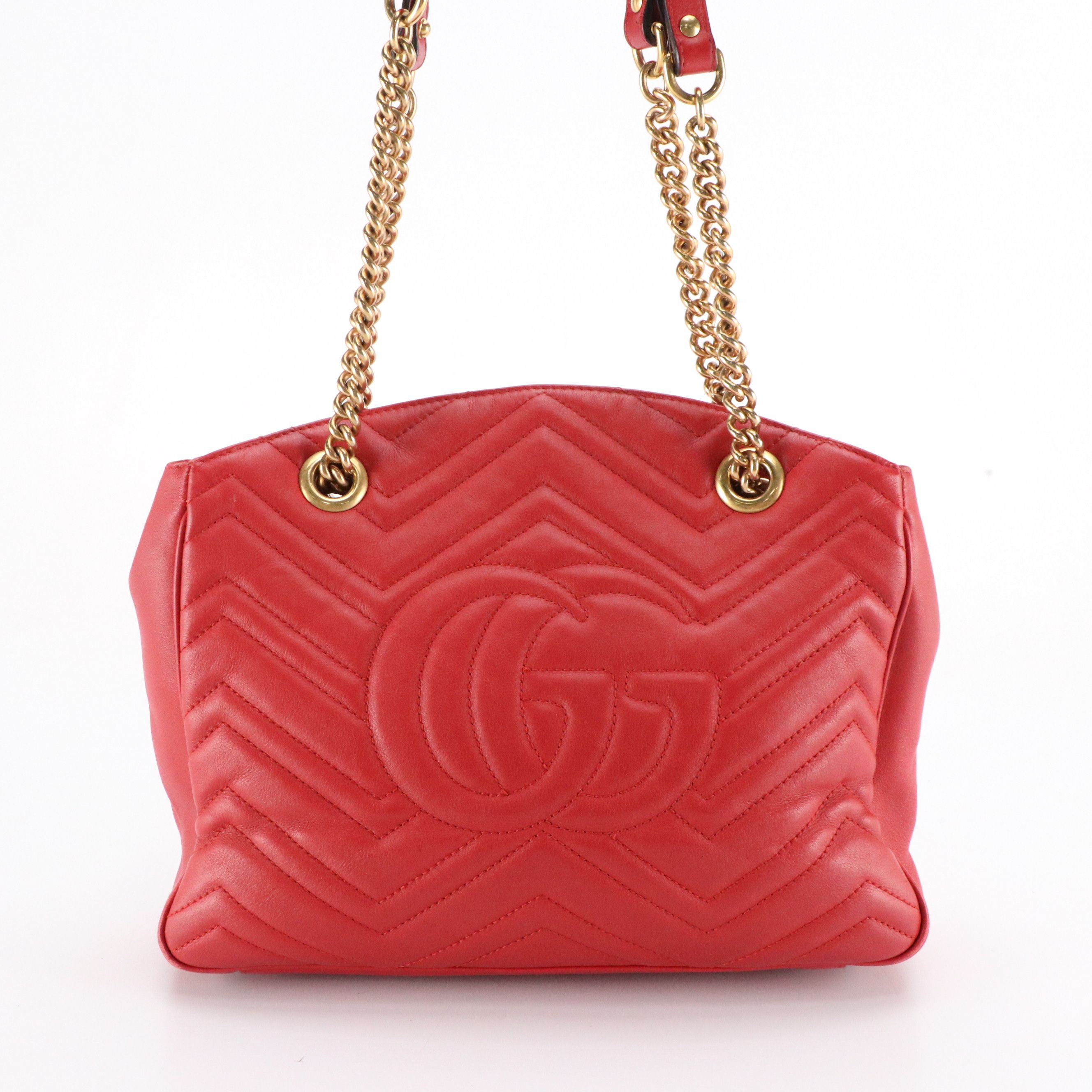 Gucci GG Marmont Chain Tote Bag in Red Matelassé Calfskin Leather