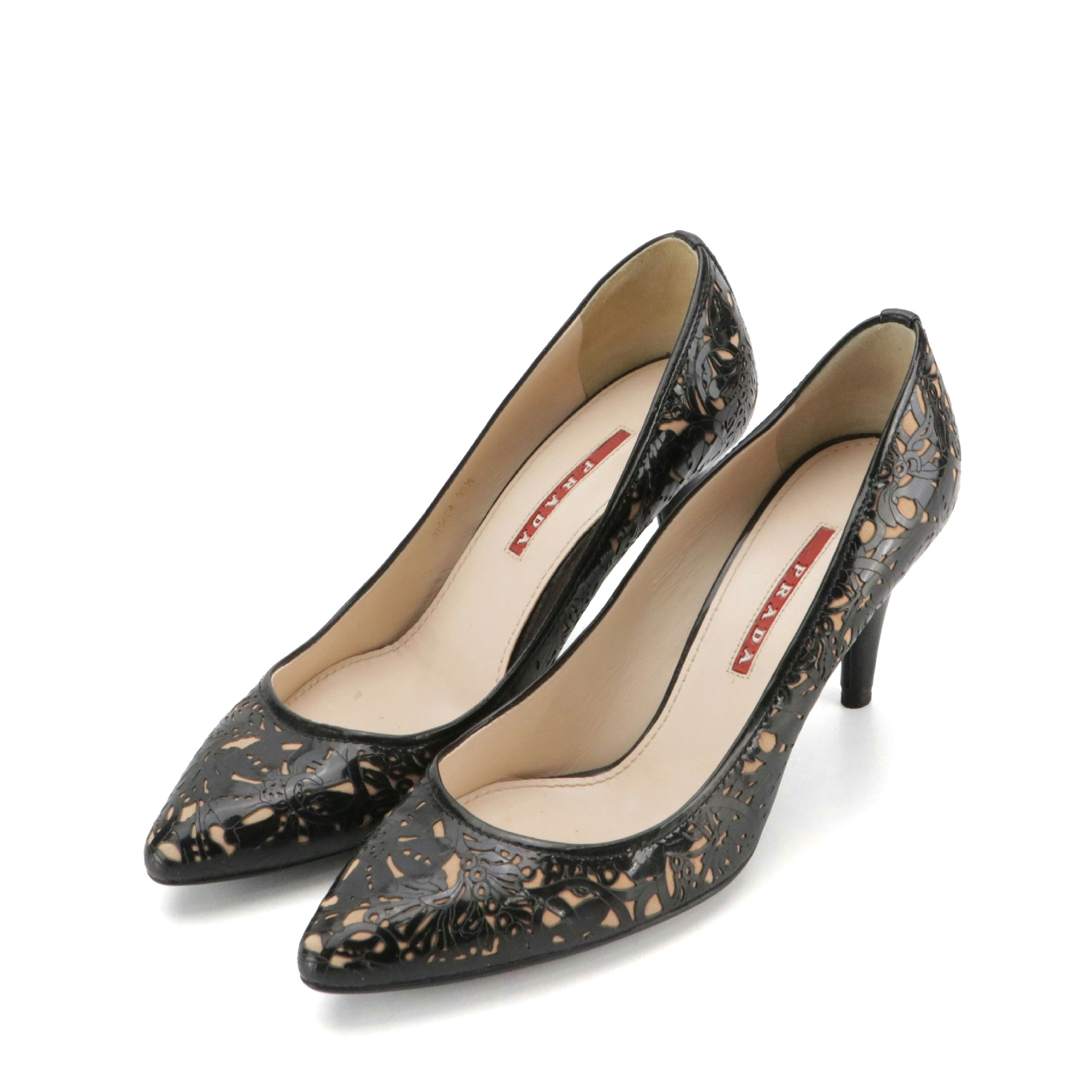 Prada Pointed Toe Pumps in Floral Laser Cut Black Patent Leather and Suede