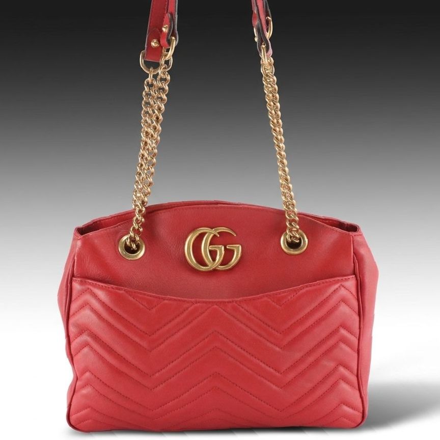 Gucci GG Marmont Chain Tote Bag in Red Matelassé Calfskin Leather