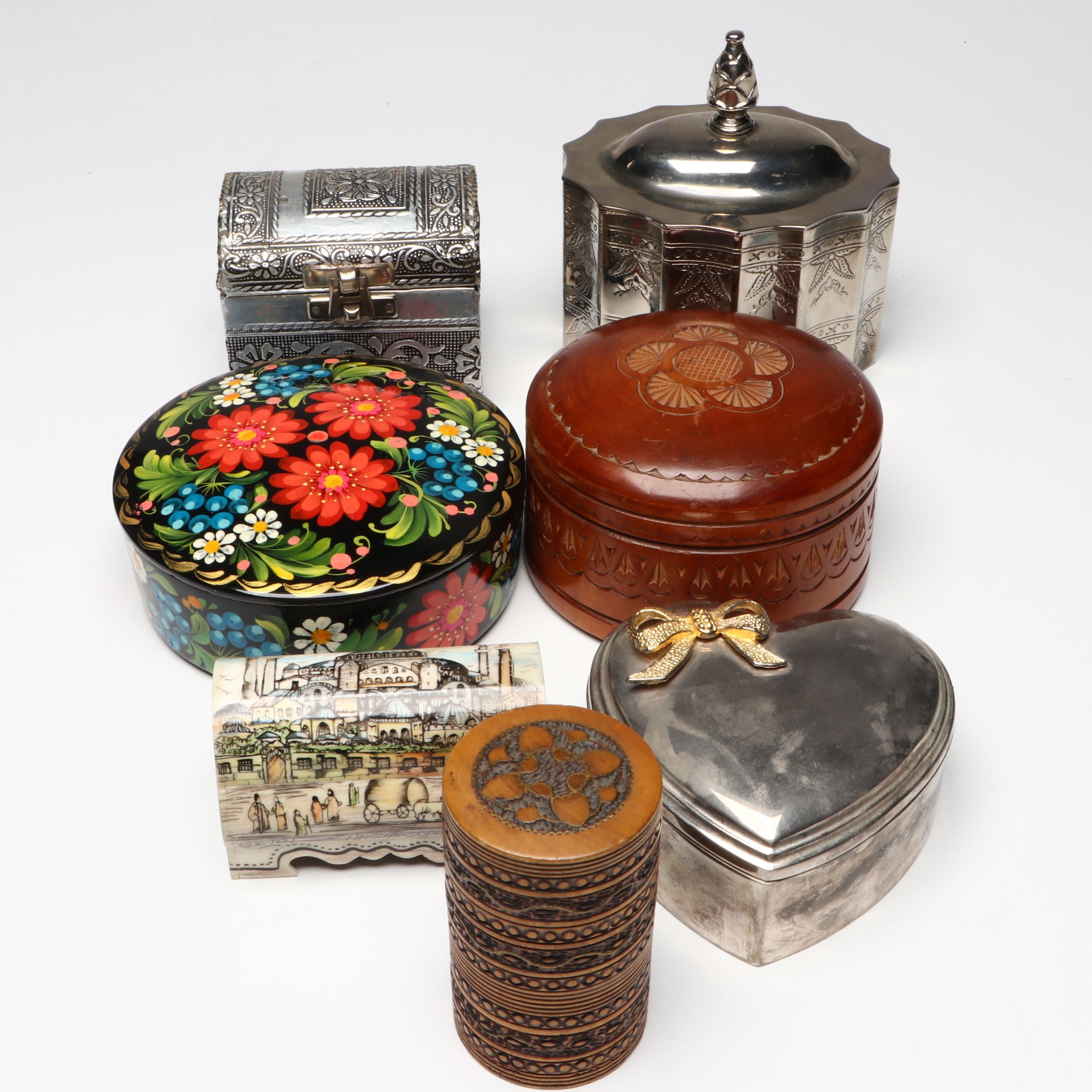 Godinger Silver Plate Box with Russian, Turkish and More Folk Art Boxes