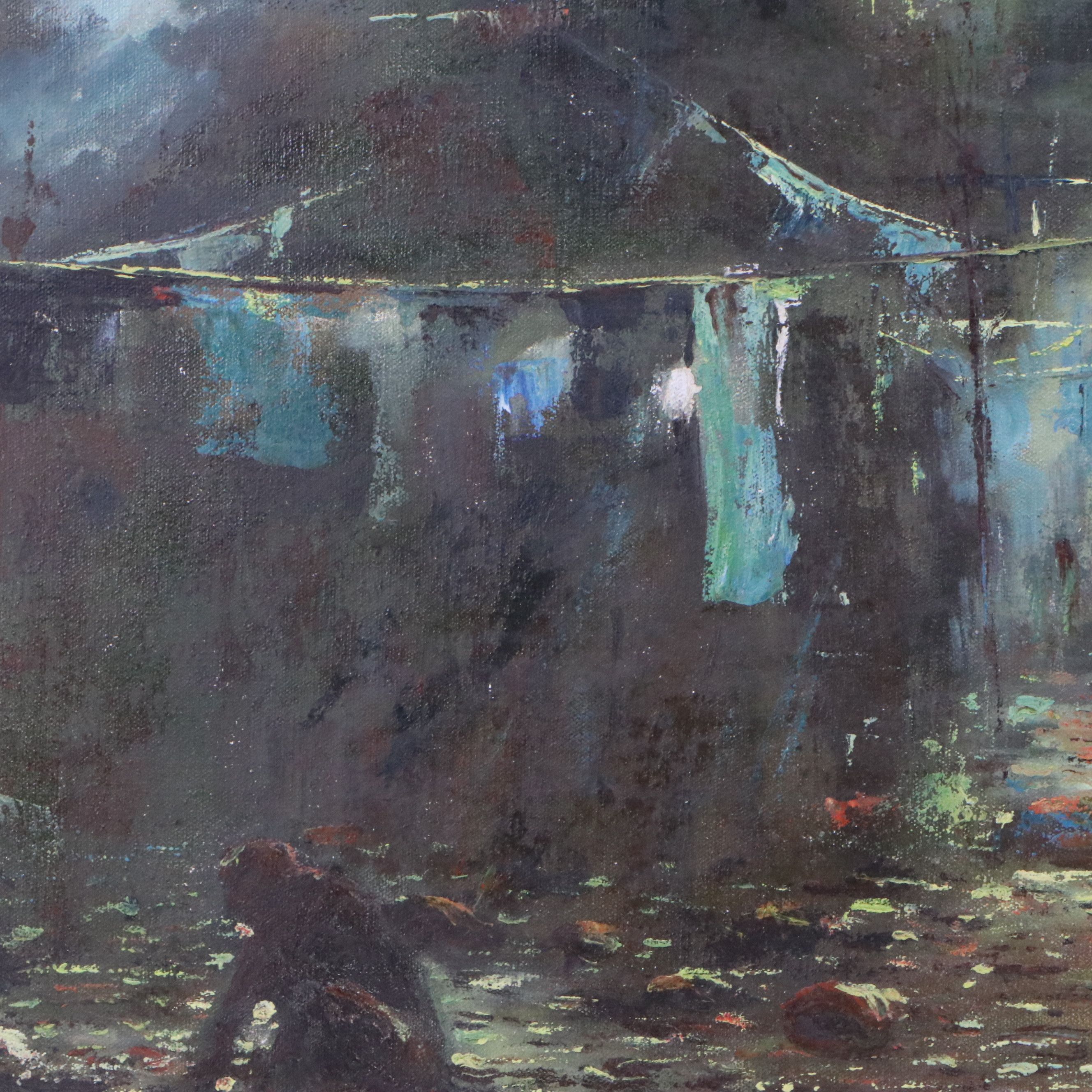 Shin Wu Oil Painting of Hanging Laundry in Peasant Village