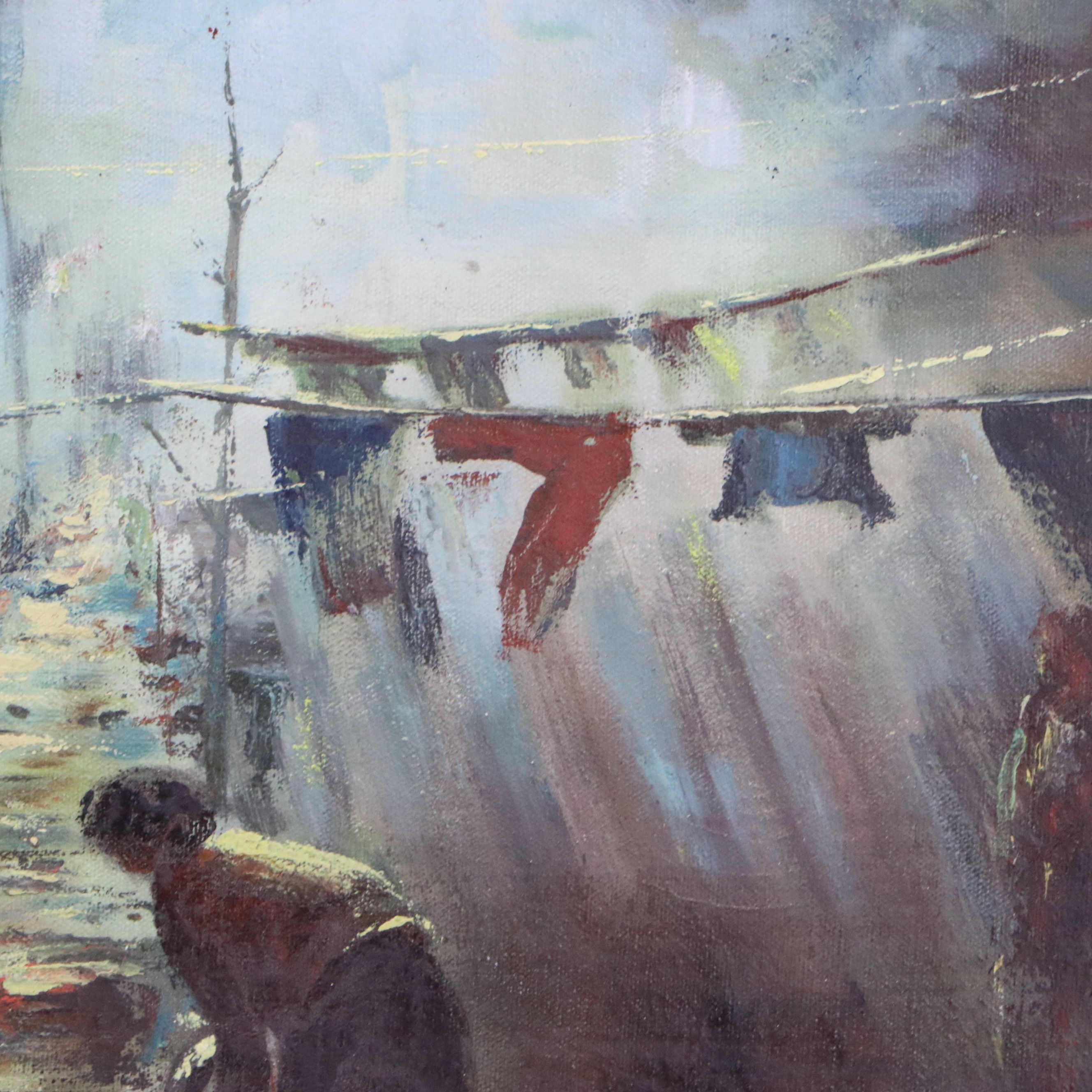 Shin Wu Oil Painting of Hanging Laundry in Peasant Village