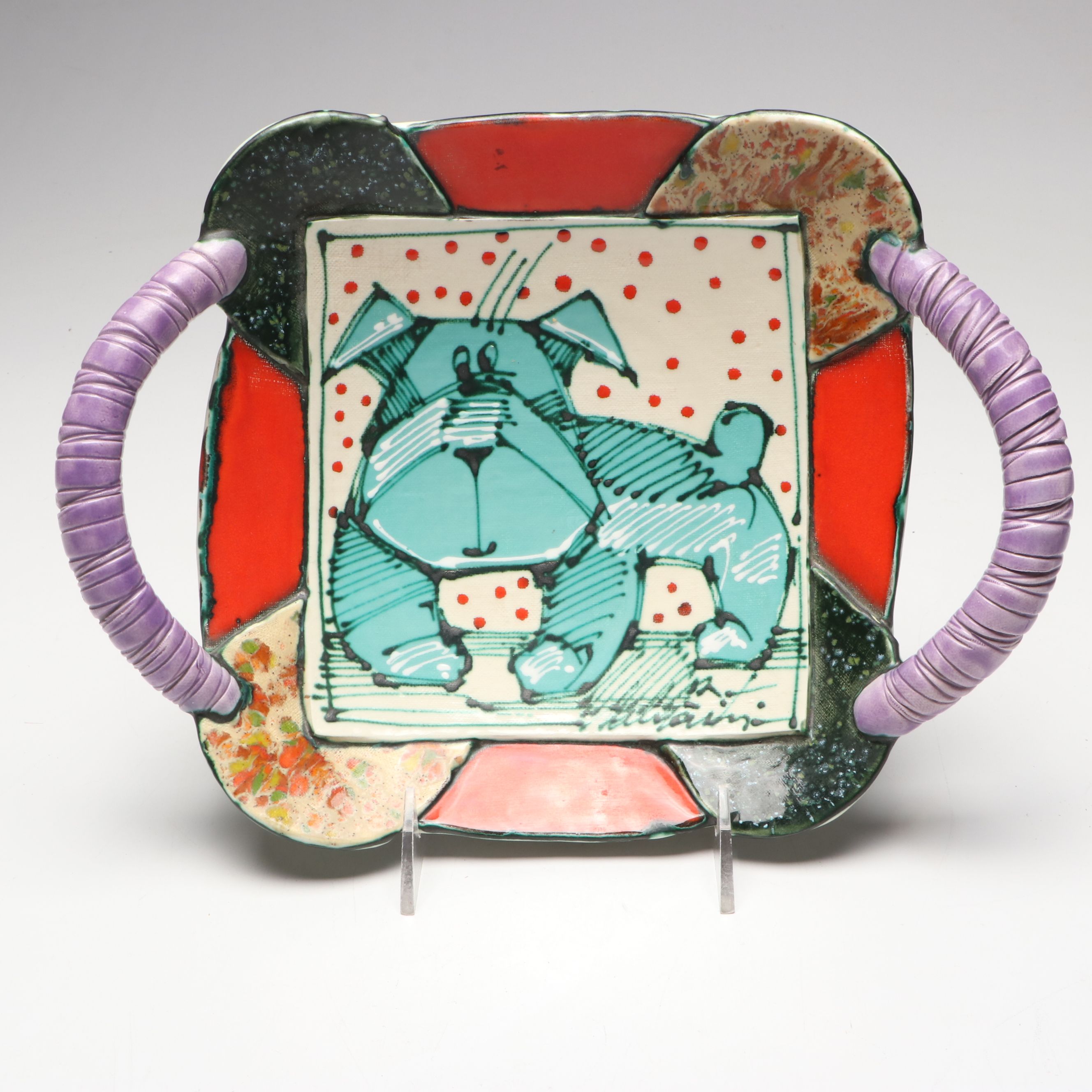 Rasa Saldaitis Postmodern Style Multicolor Art Pottery Handled Dog Dish