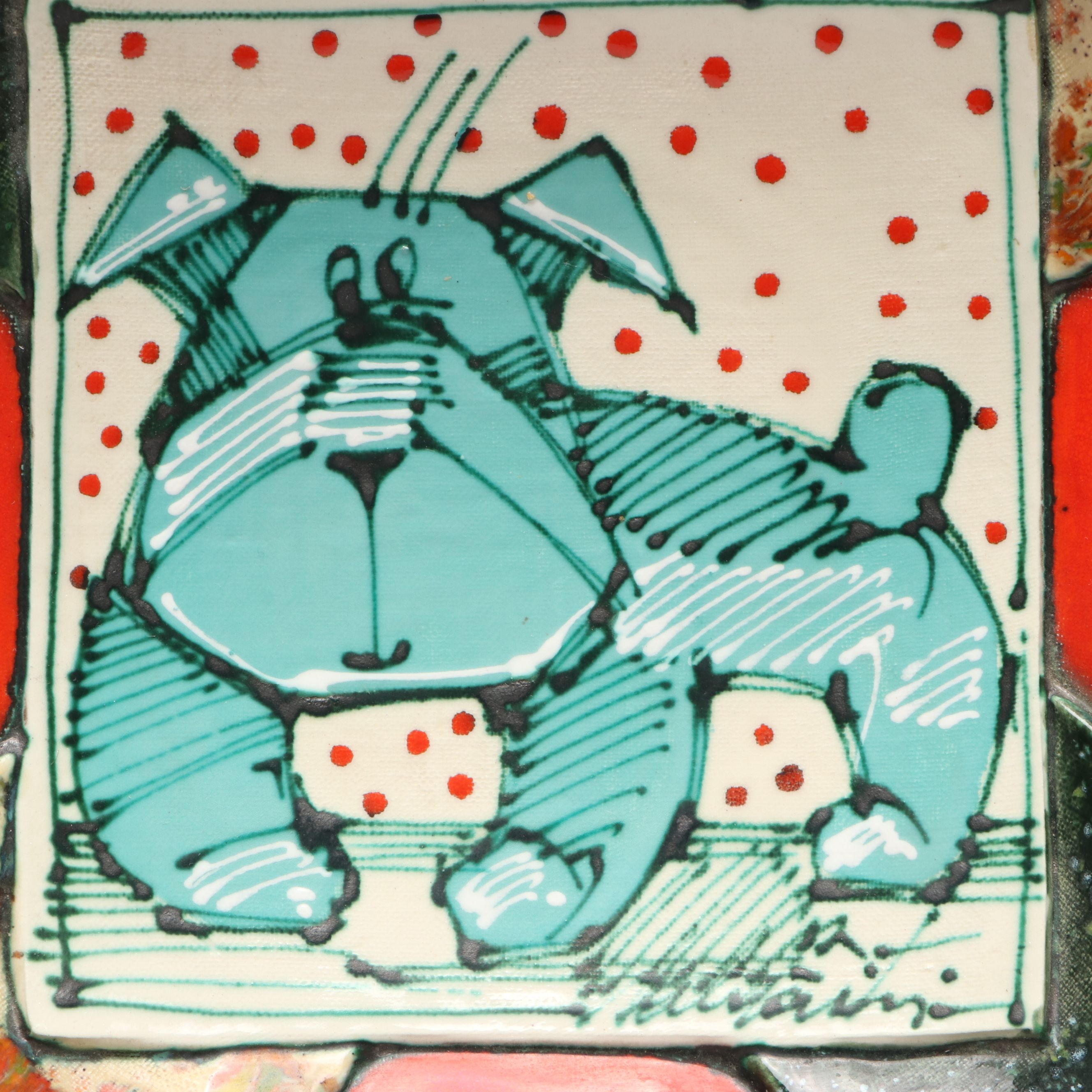 Rasa Saldaitis Postmodern Style Multicolor Art Pottery Handled Dog Dish