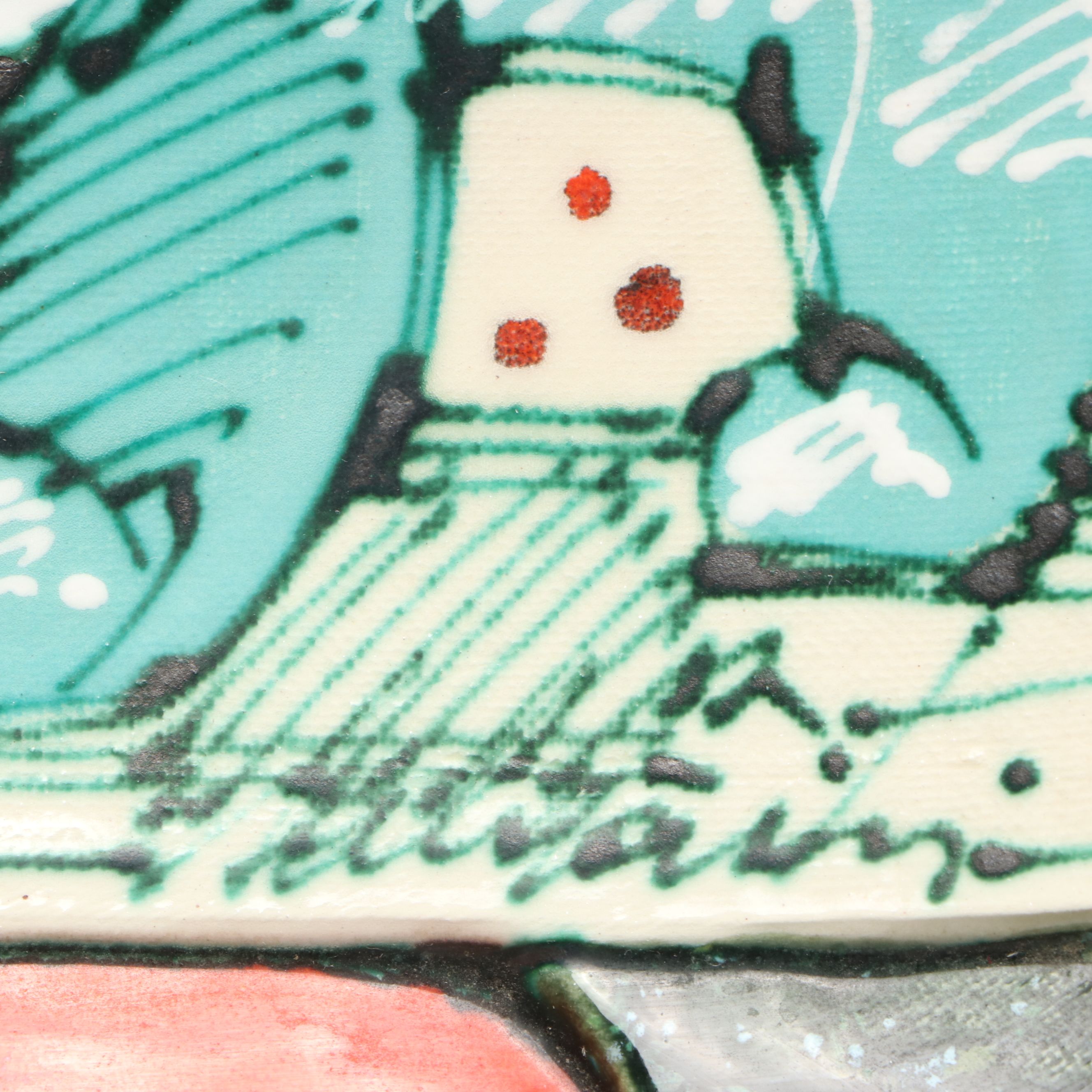 Rasa Saldaitis Postmodern Style Multicolor Art Pottery Handled Dog Dish