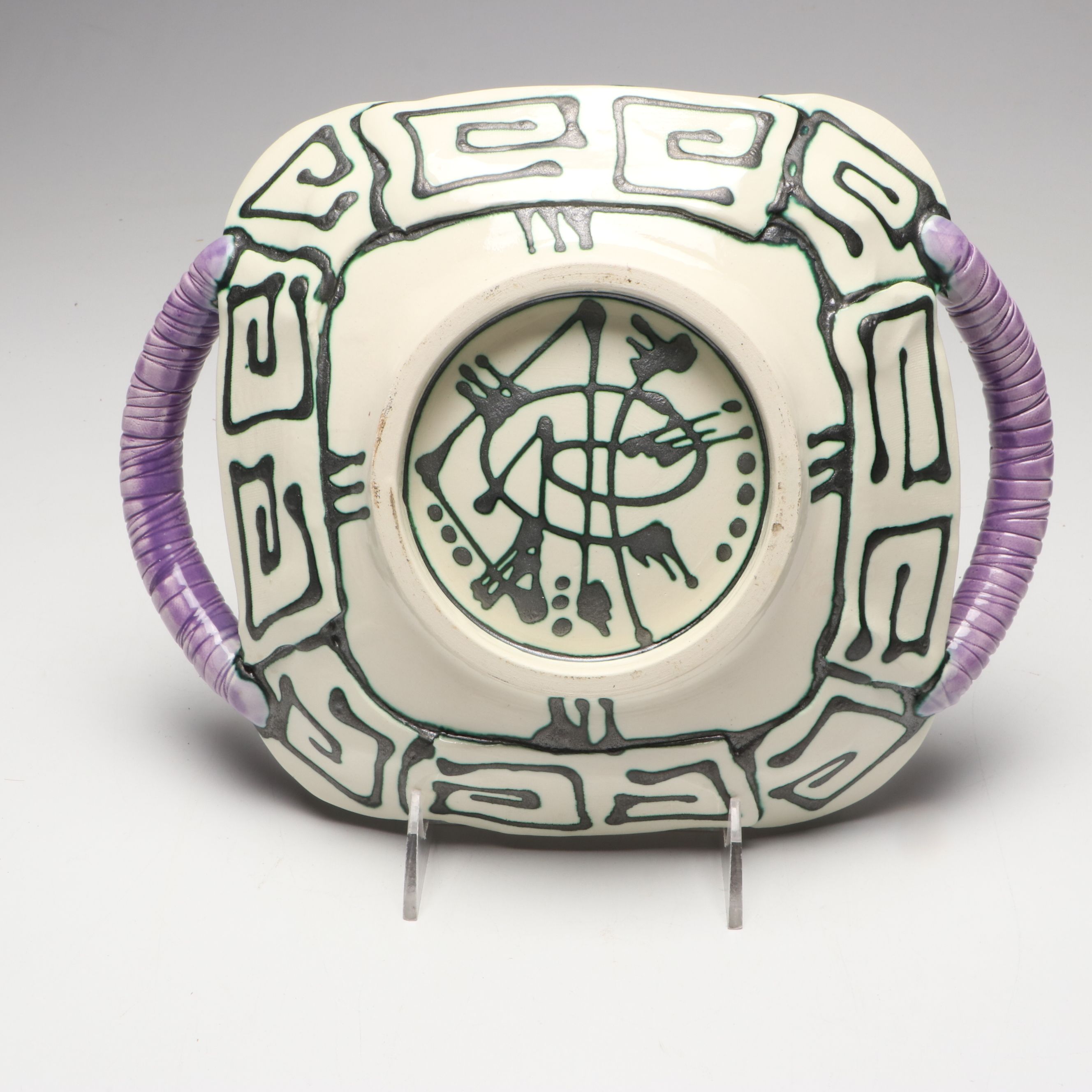 Rasa Saldaitis Postmodern Style Multicolor Art Pottery Handled Dog Dish