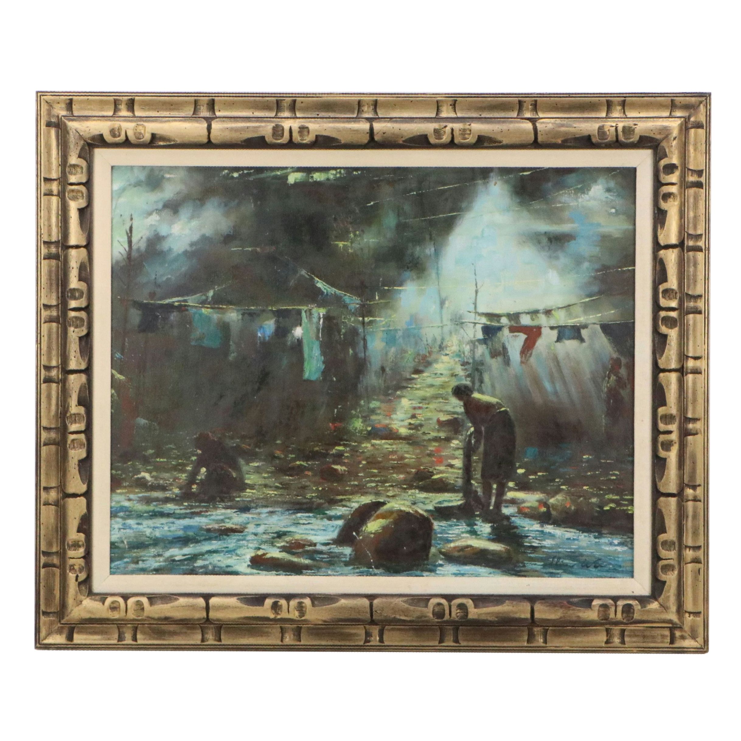 Shin Wu Oil Painting of Hanging Laundry in Peasant Village