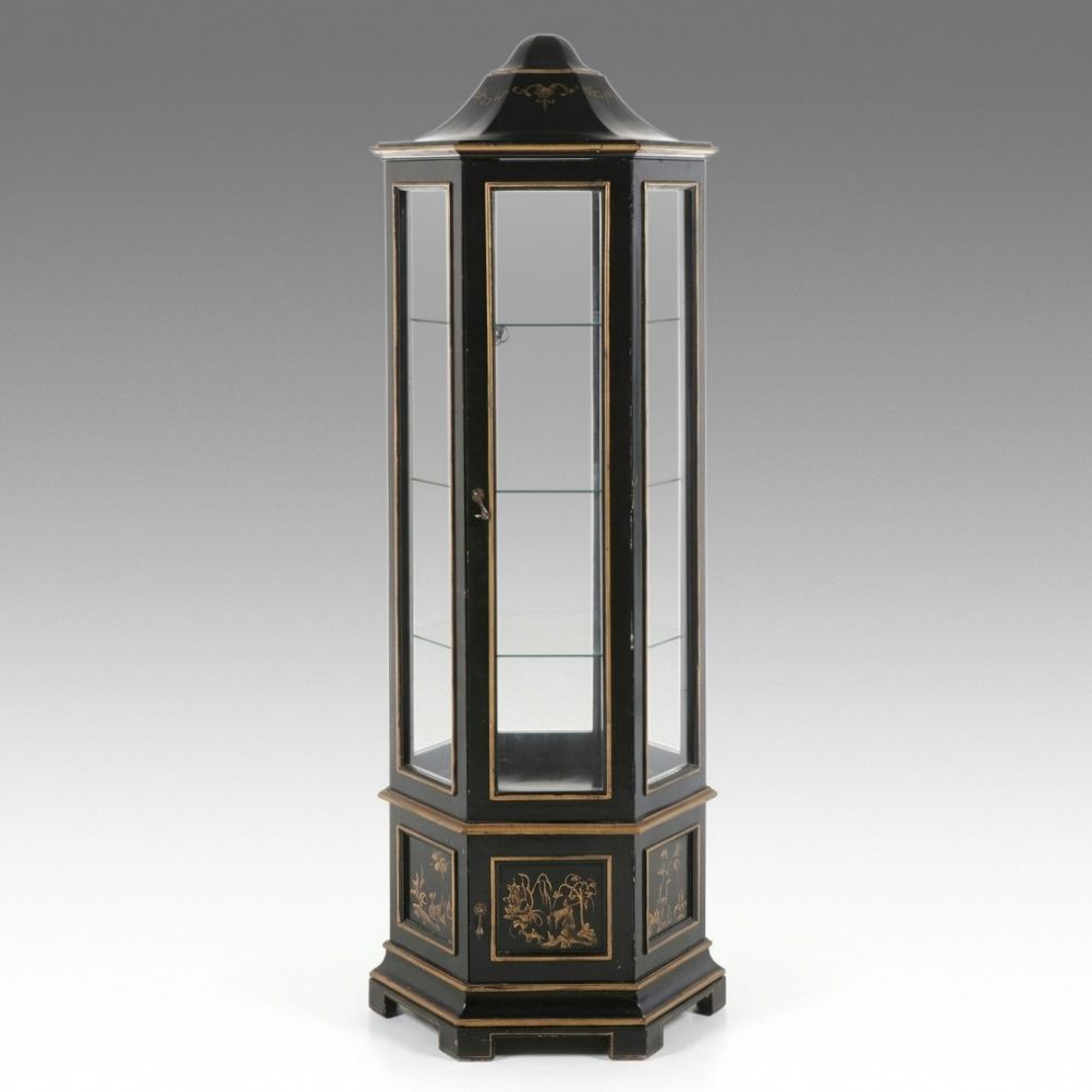 Hollywood Regency Style Chinoiserie Black Lacquer Pagoda Shaped Vitrine