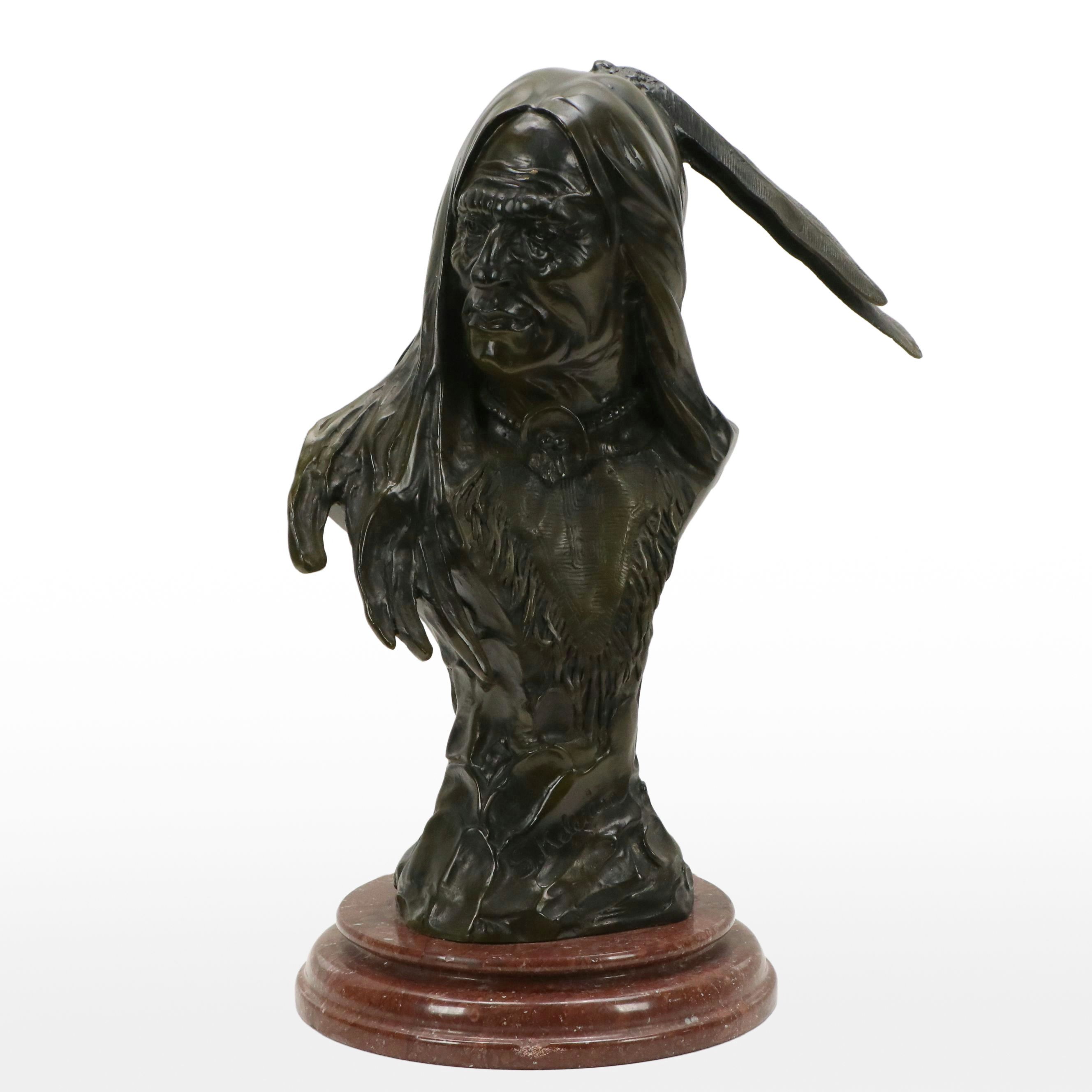 Patinated Spelter Bust of Native American After S. Keleiam, 20th Century