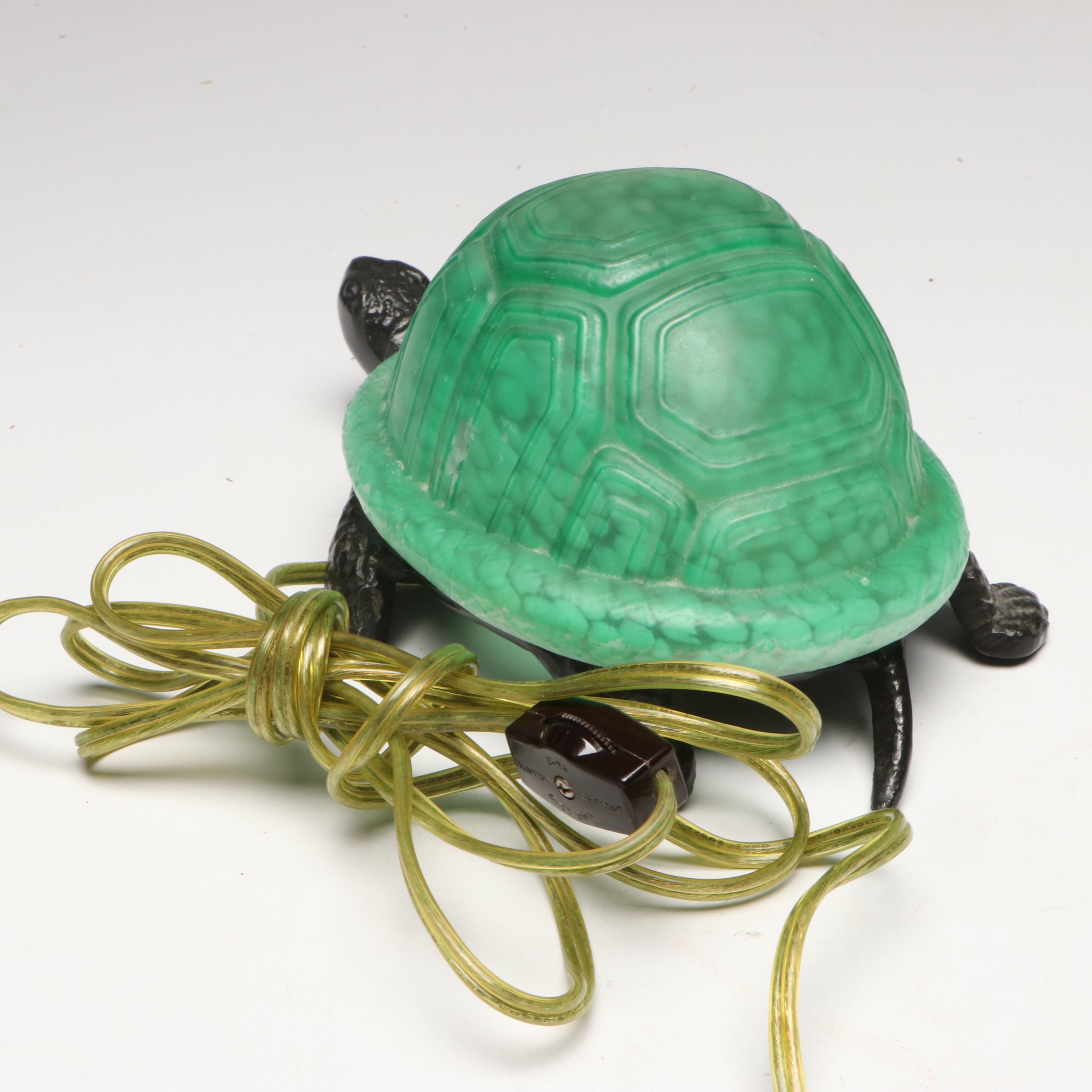 Tortoise Form Cast Iron Accent Lamp with Green Coated Glass Shade