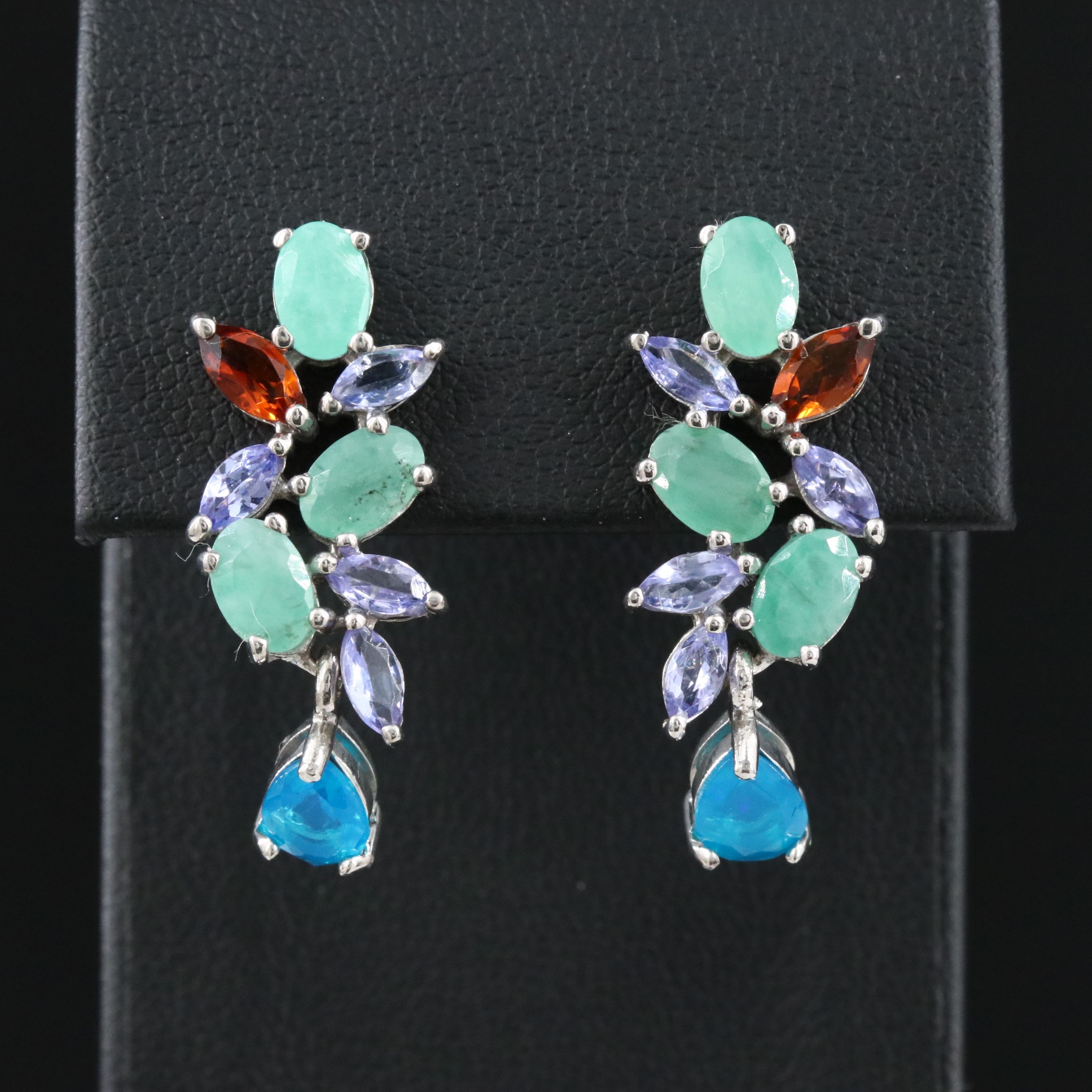 Sterling Opal, Emerald, and Tanzanite Earrings