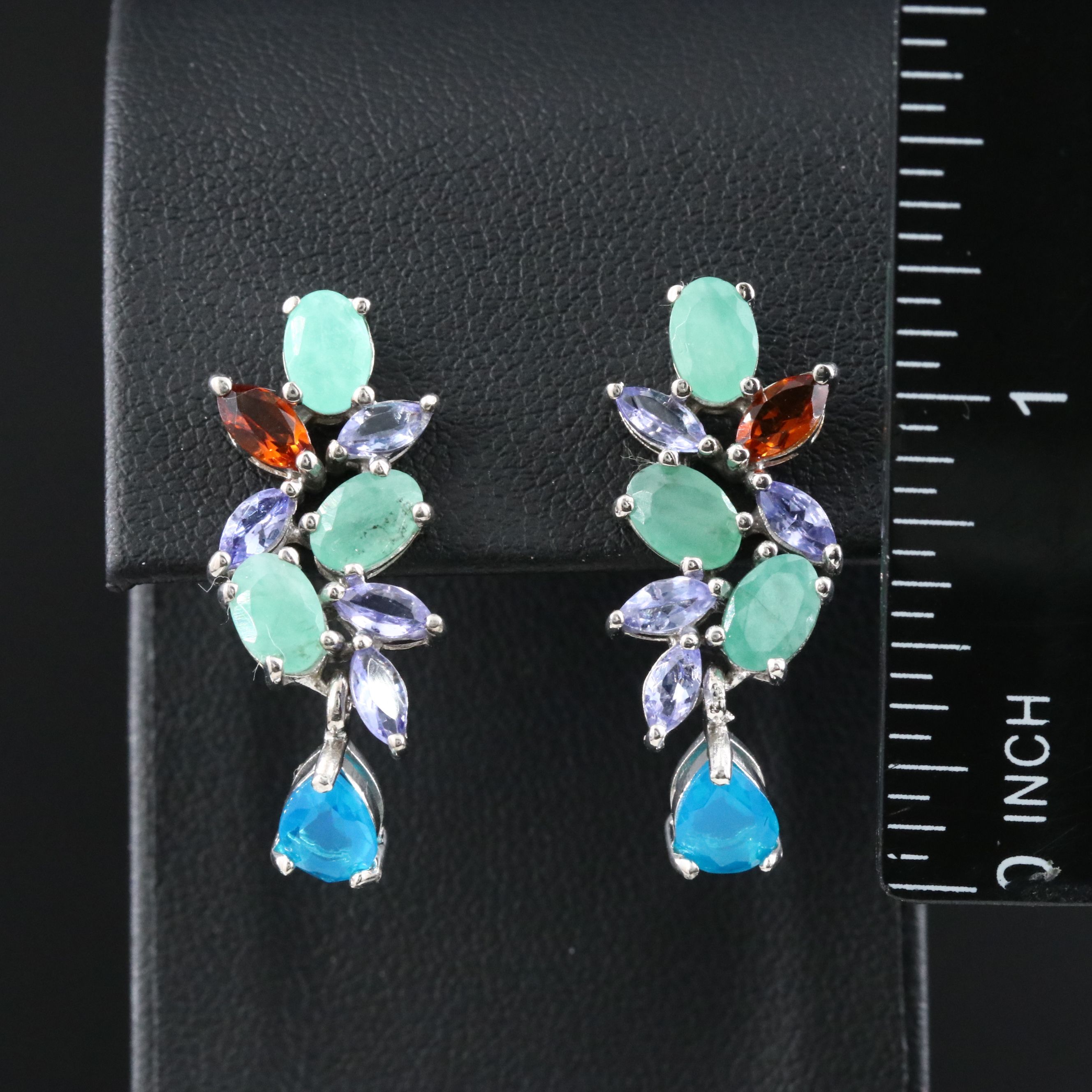 Sterling Opal, Emerald, and Tanzanite Earrings