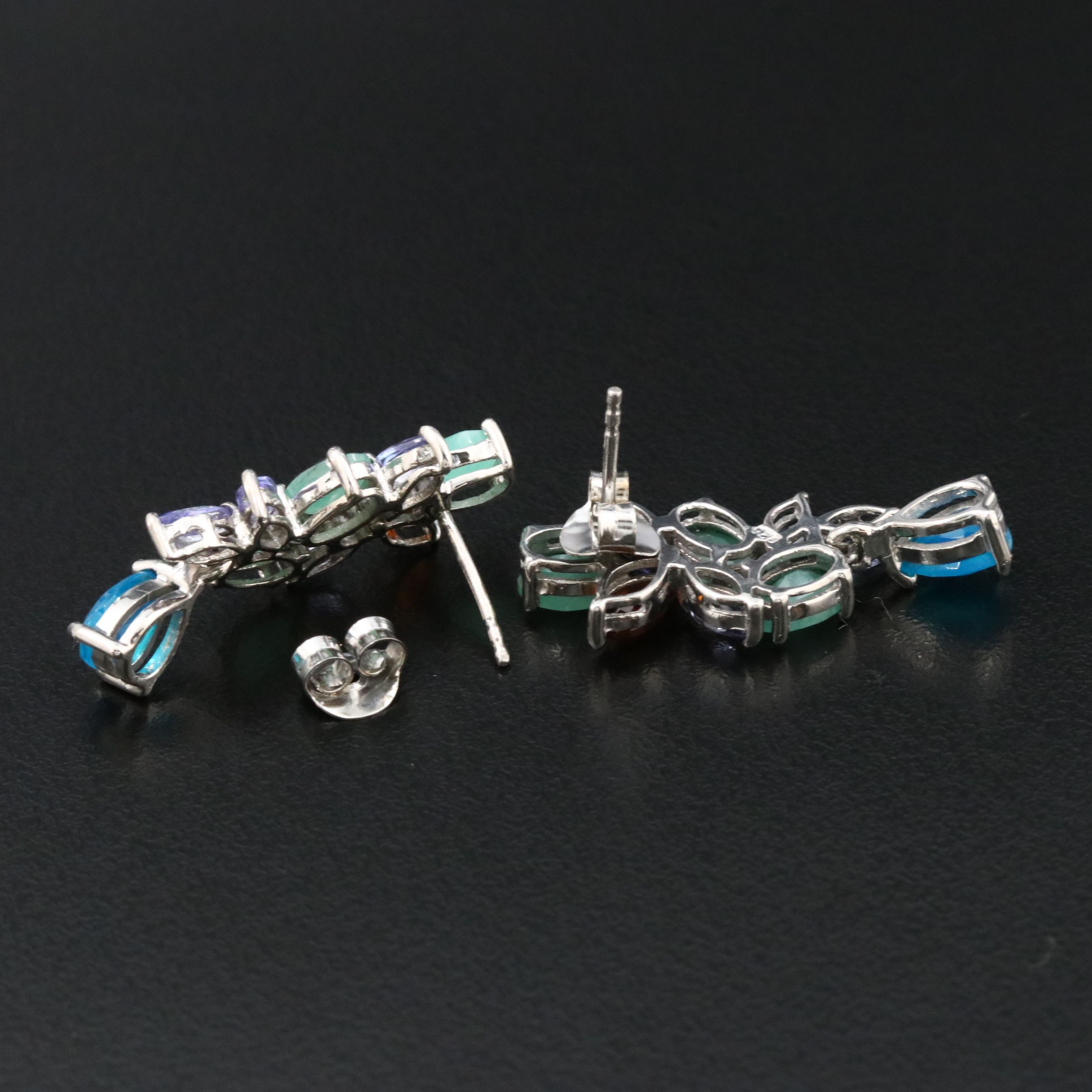 Sterling Opal, Emerald, and Tanzanite Earrings