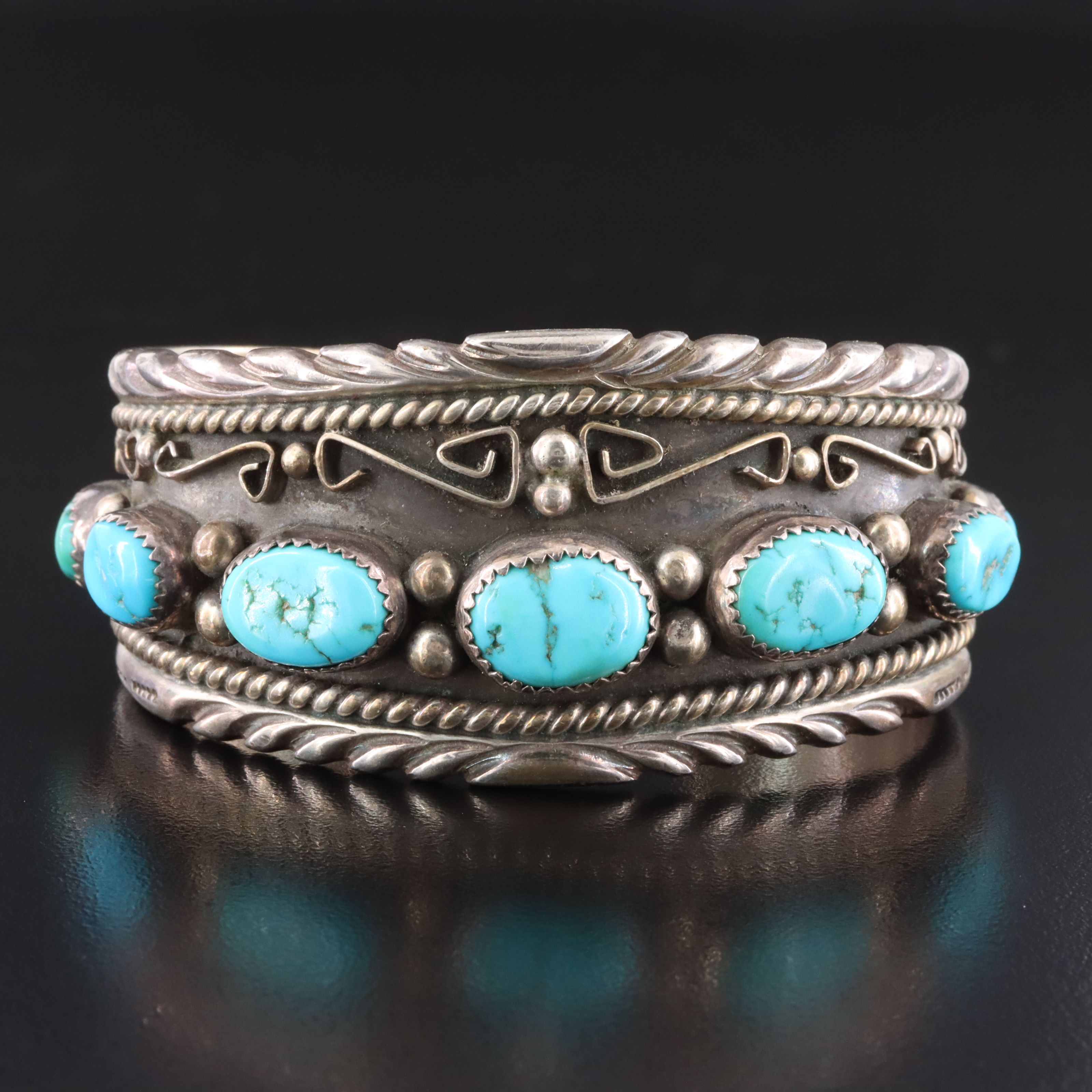 Vintage Southwestern Signed Sterling Turquoise Cuff Bracelet