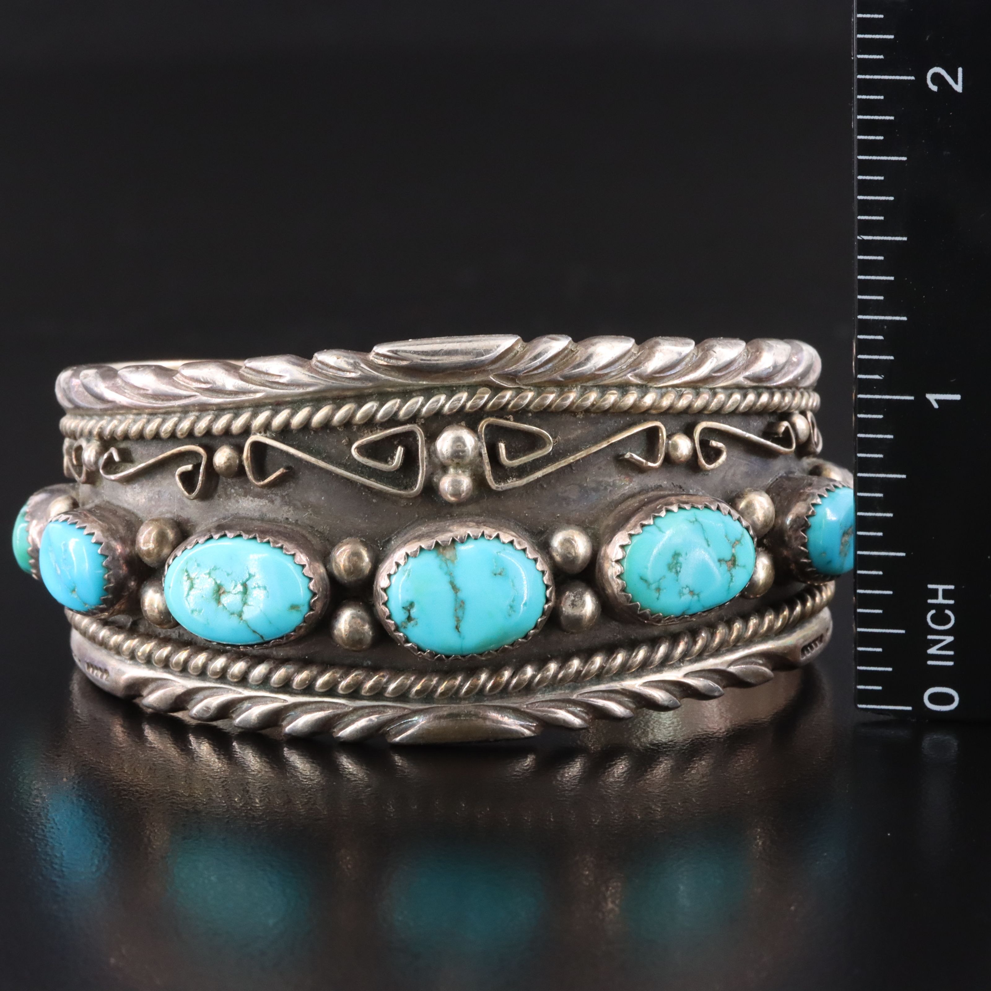 Vintage Southwestern Signed Sterling Turquoise Cuff Bracelet