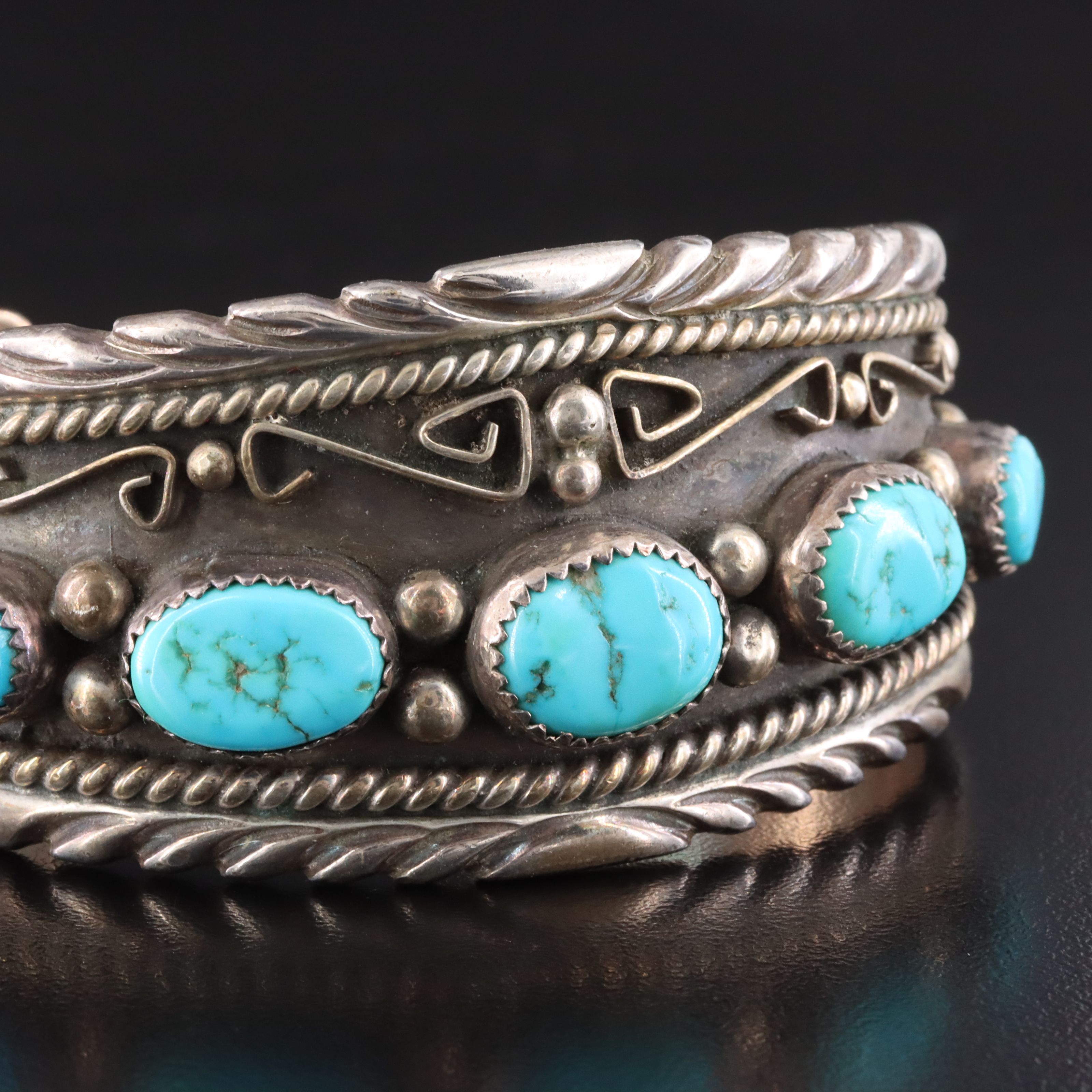 Vintage Southwestern Signed Sterling Turquoise Cuff Bracelet