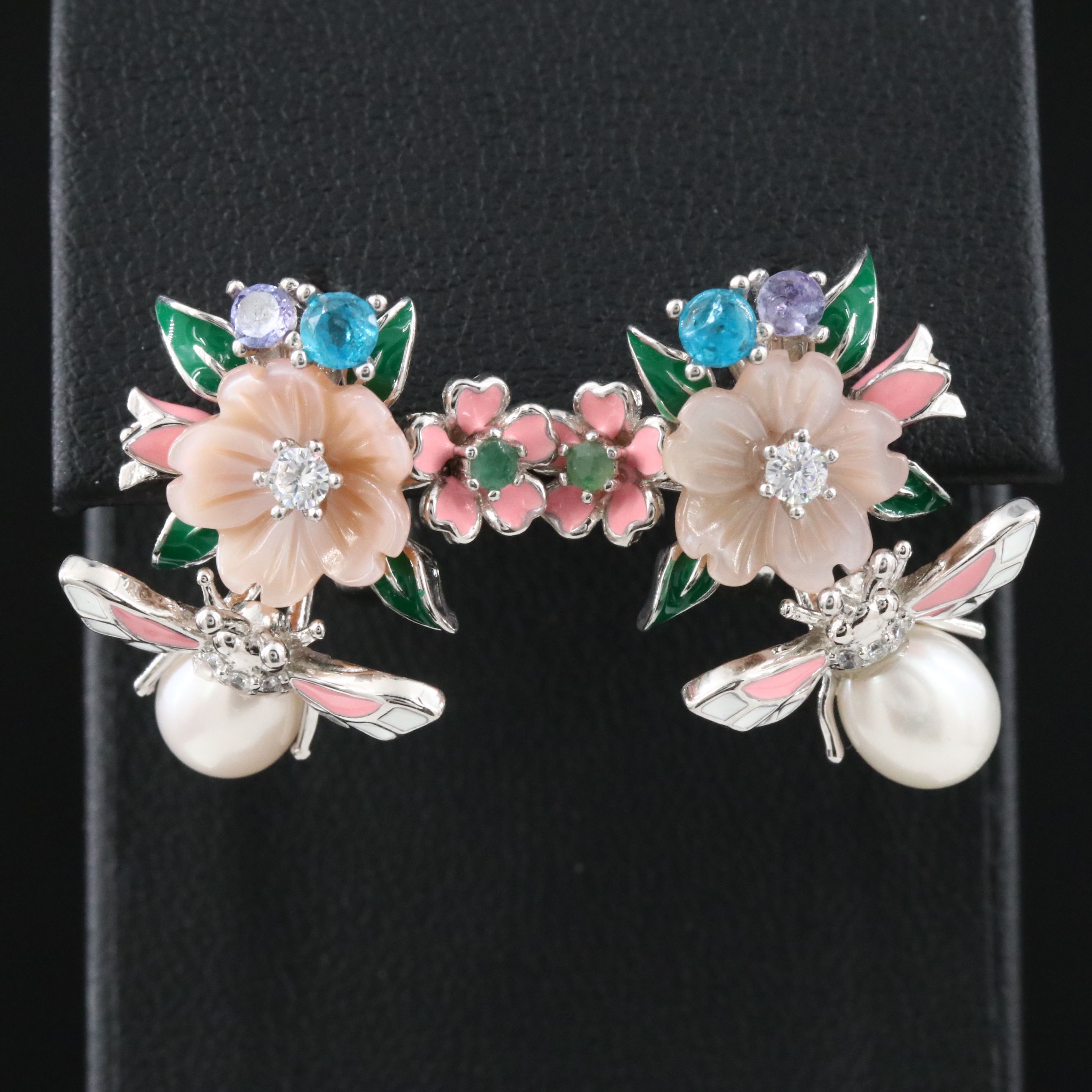 Sterling Flower Earrings with Pearl, Apatite, and CZ