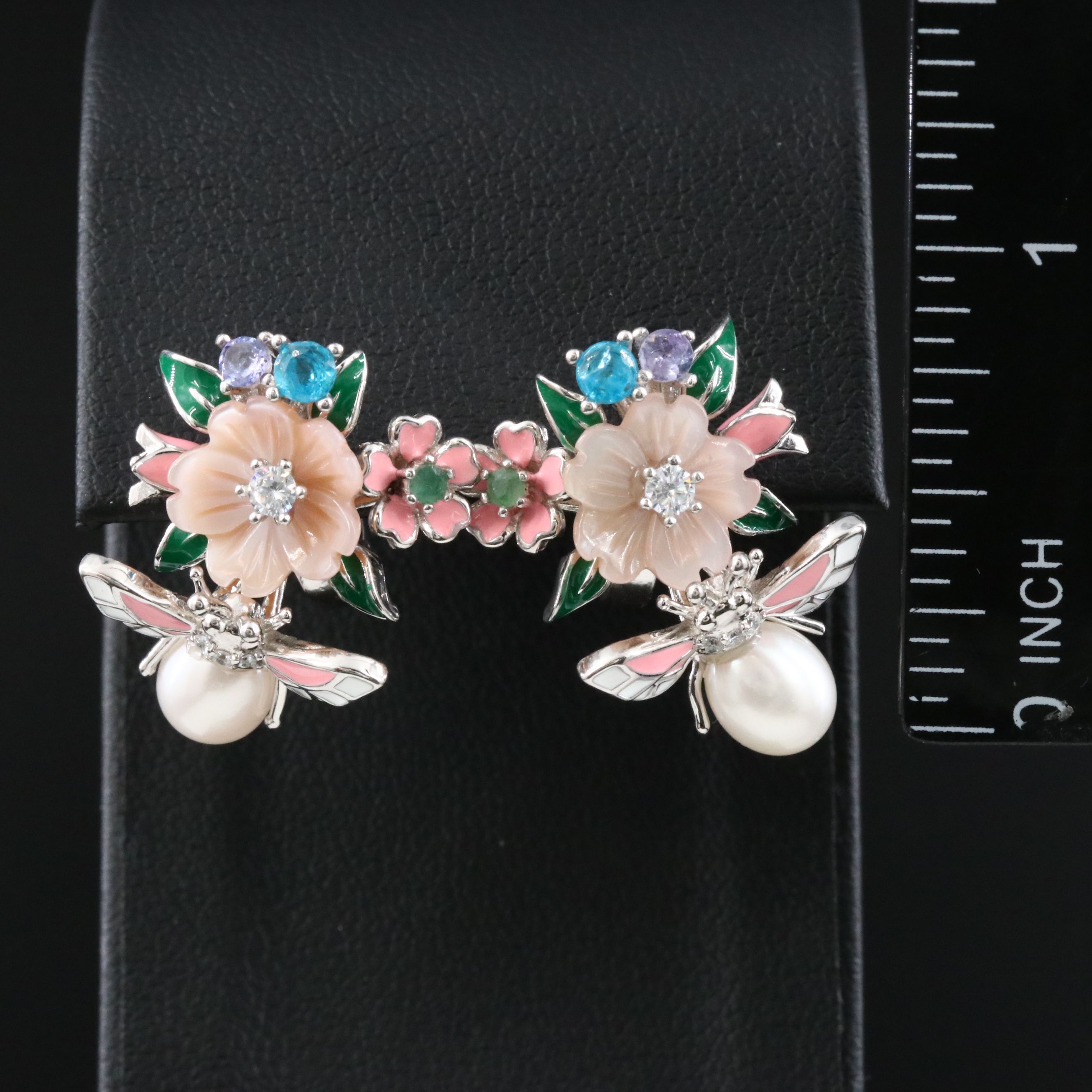 Sterling Flower Earrings with Pearl, Apatite, and CZ