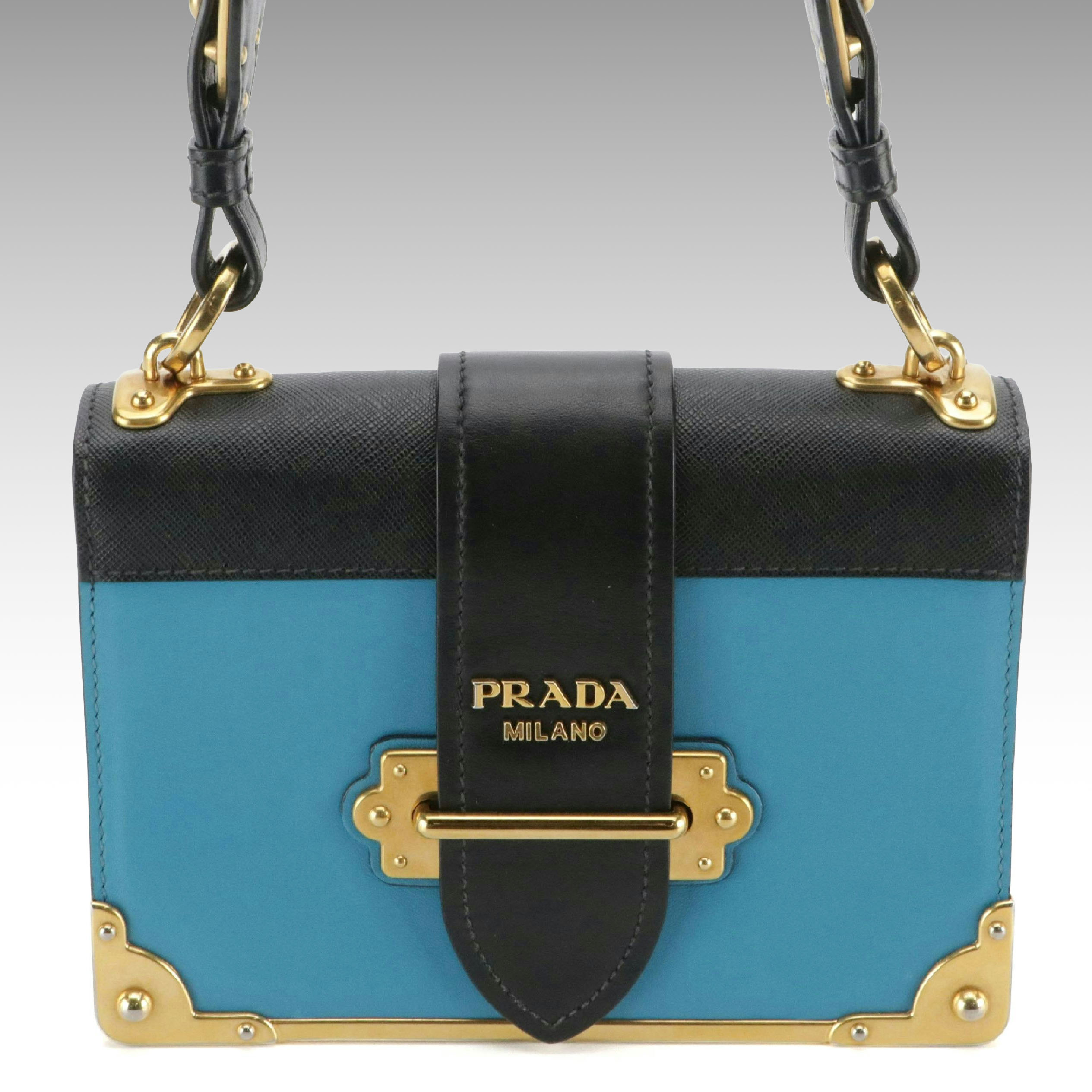 Prada Cahier City Crossbody Bag in Blue Smooth and Black Saffiano Leather