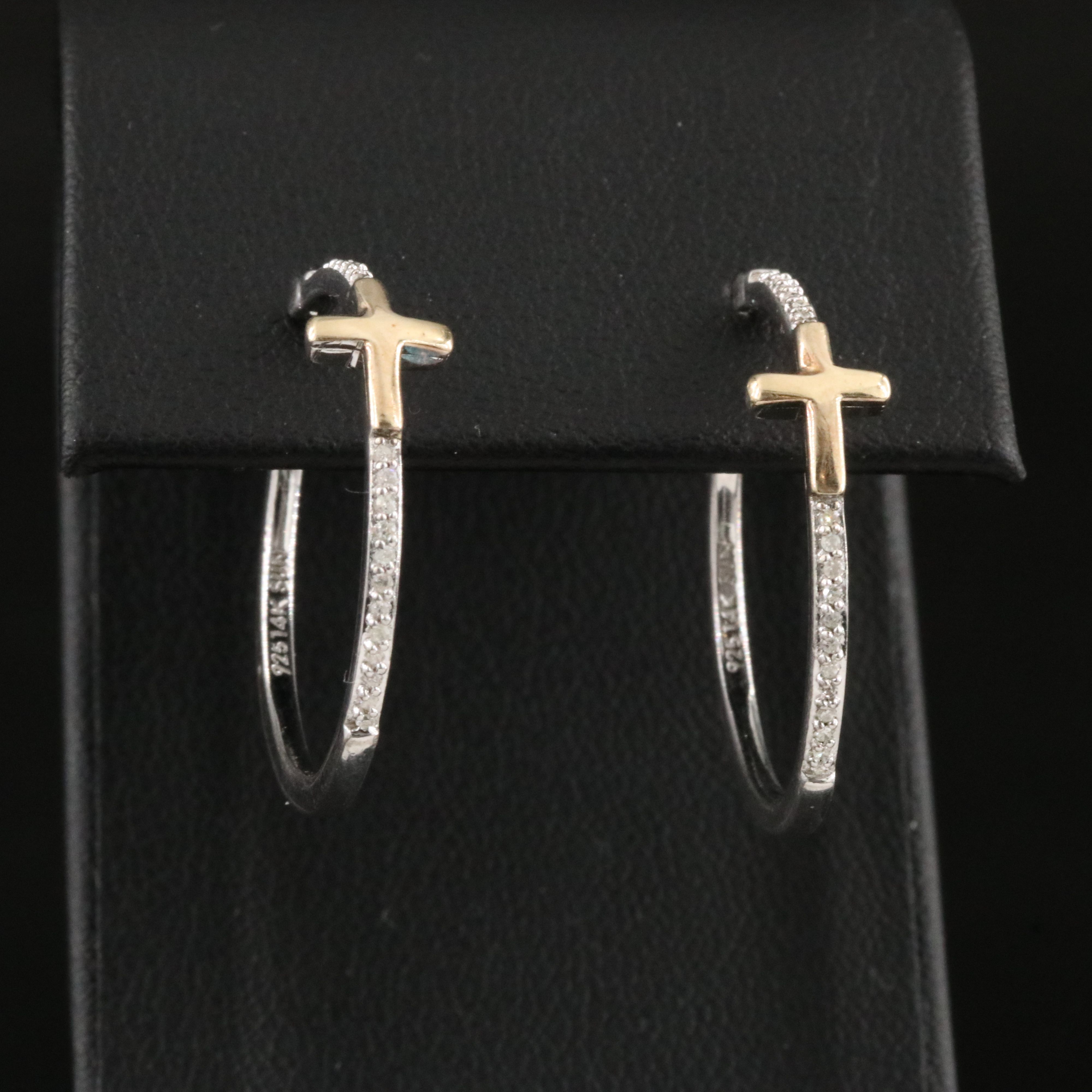 Sterling Diamond Hoop Earrings with 14K Cross Accent