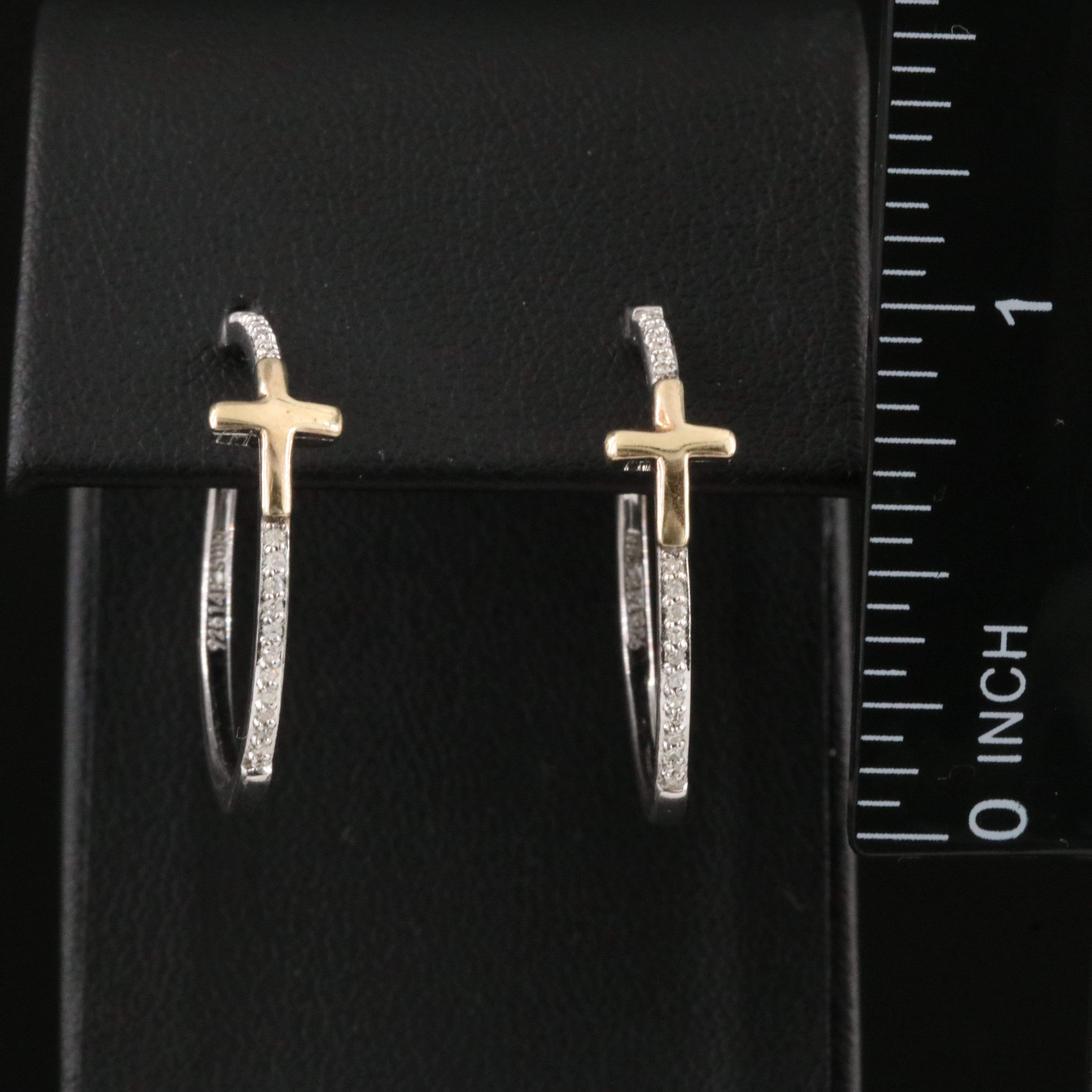 Sterling Diamond Hoop Earrings with 14K Cross Accent