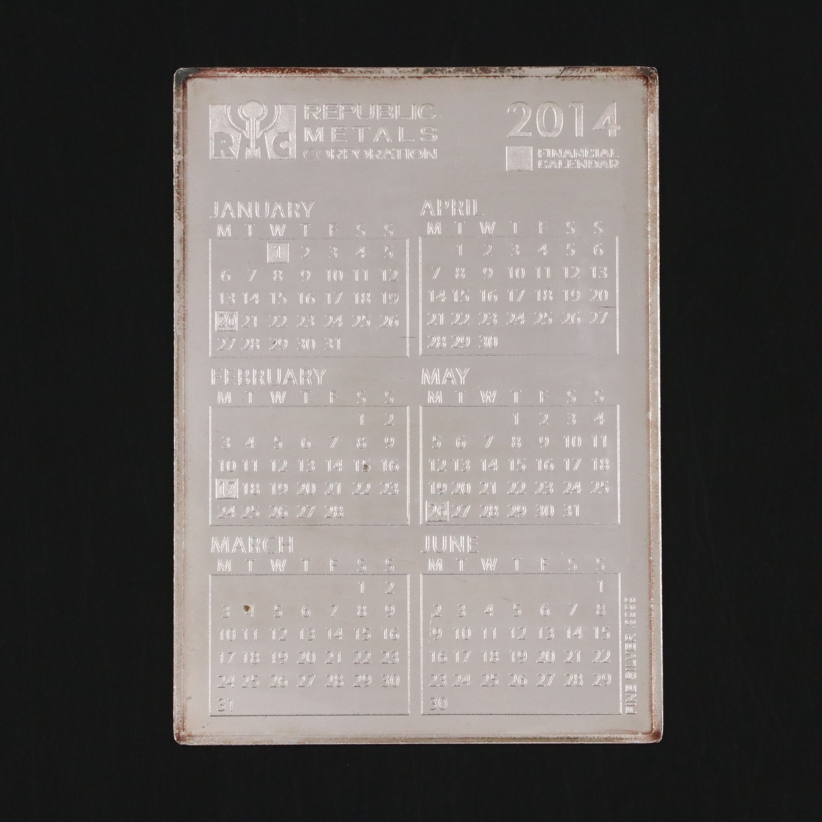 Fine Silver Republic Metals Corporation Financial Pocket Calendar, 2014