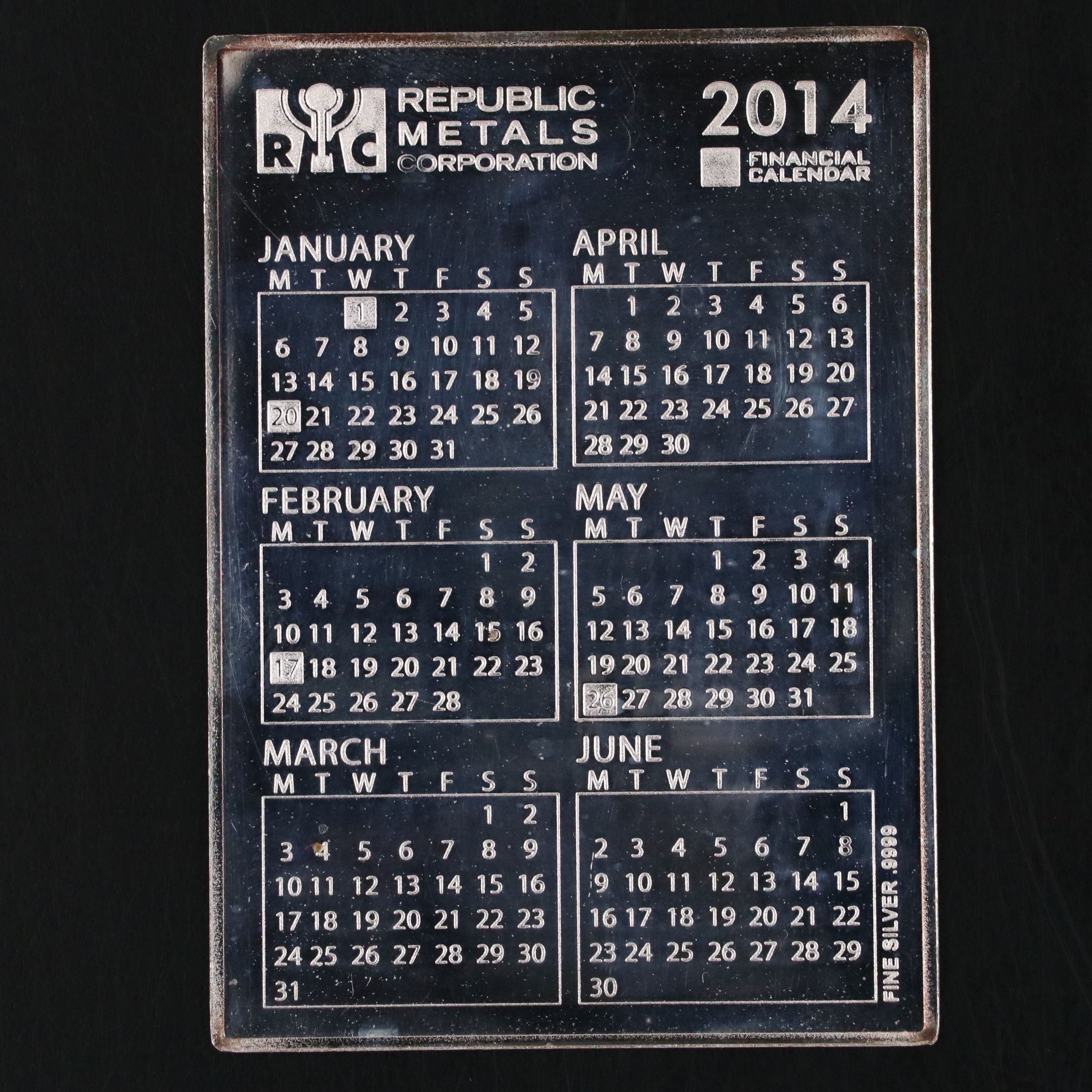 Fine Silver Republic Metals Corporation Financial Pocket Calendar, 2014