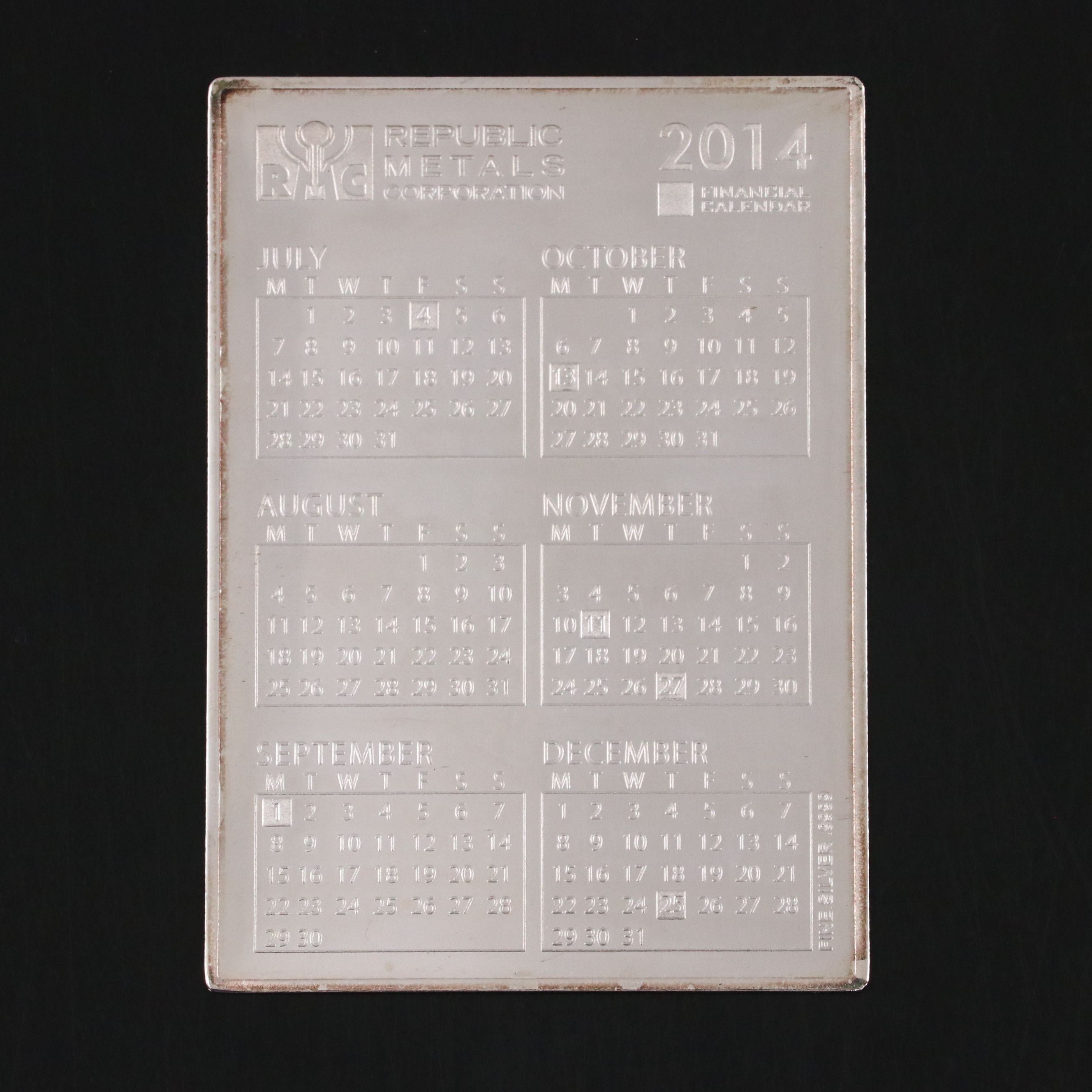 Fine Silver Republic Metals Corporation Financial Pocket Calendar, 2014