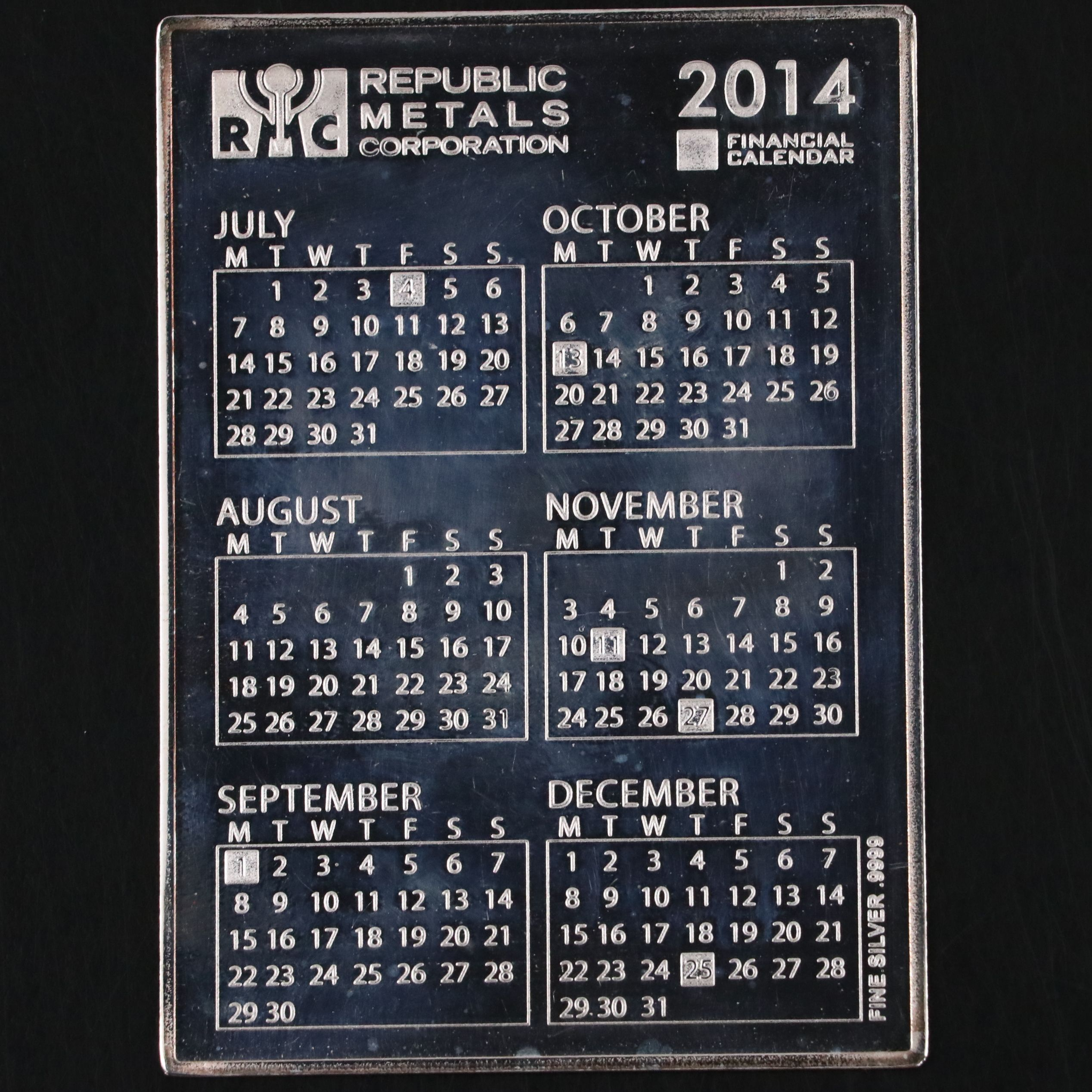 Fine Silver Republic Metals Corporation Financial Pocket Calendar, 2014