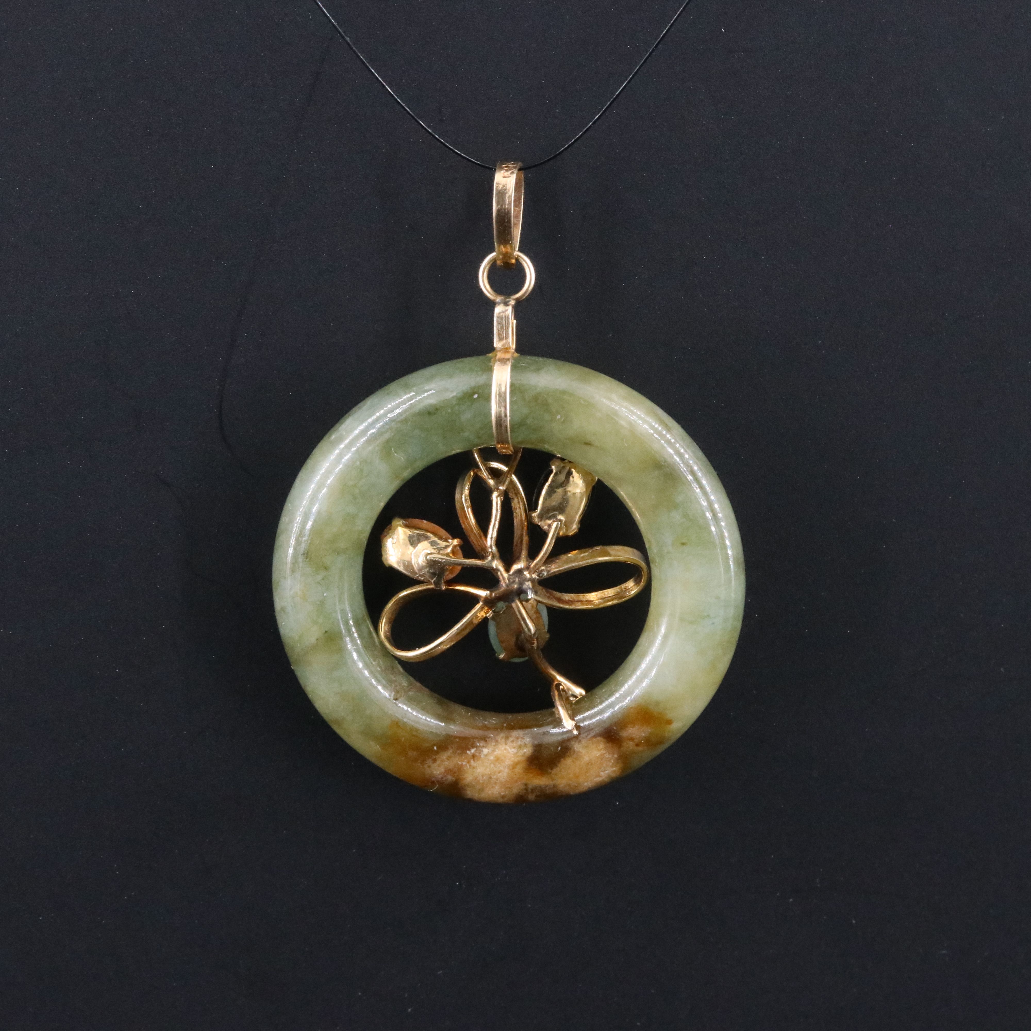 14K Floral Jadeite and Black Onyx Pendant