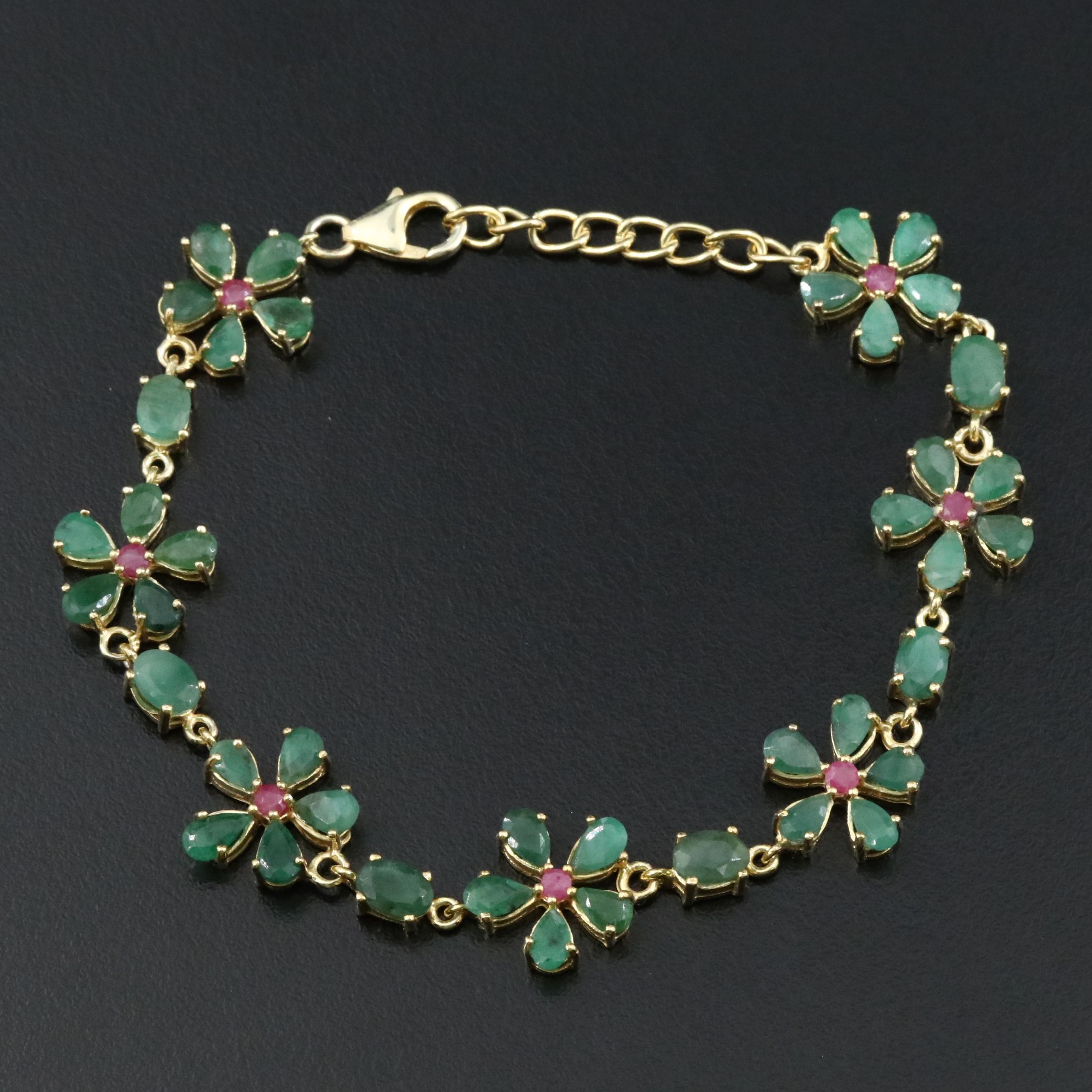 Sterling Emerald and Ruby Floral Bracelet