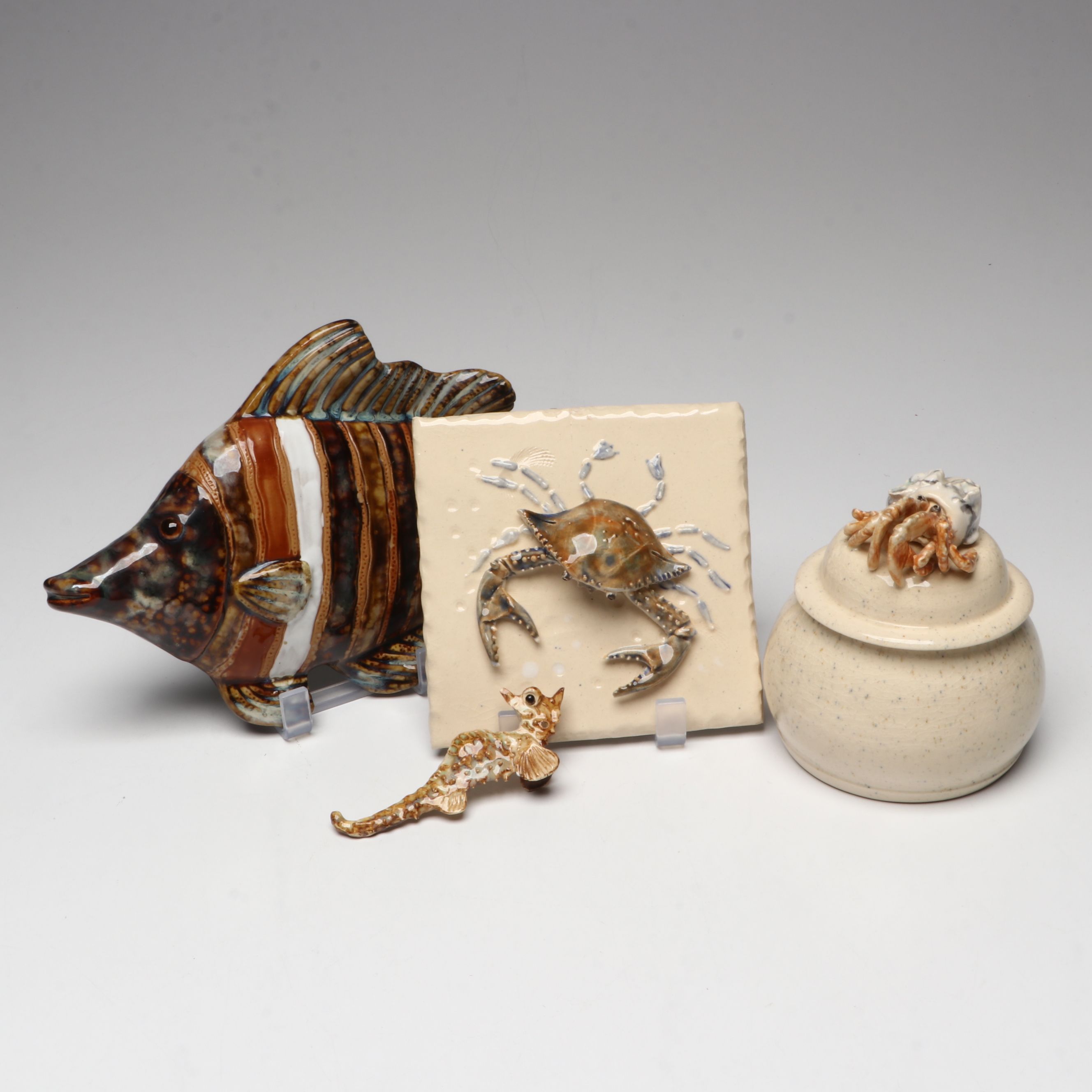 Signed Hermit Crab Vessel with More Studio Art Pottery and Fish Form Wall Décor