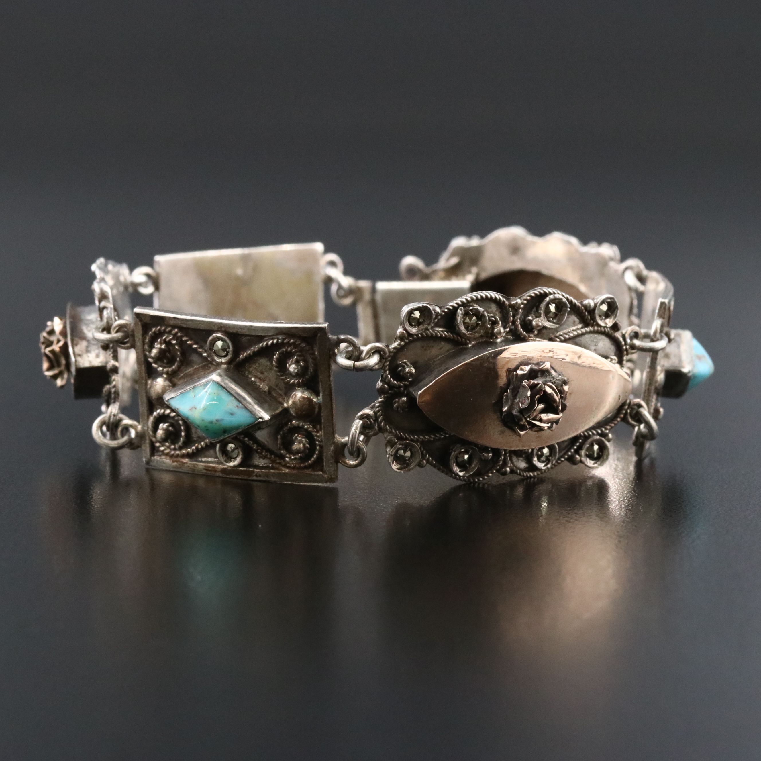 Vintage 800 Silver Turquoise Floral Bracelet