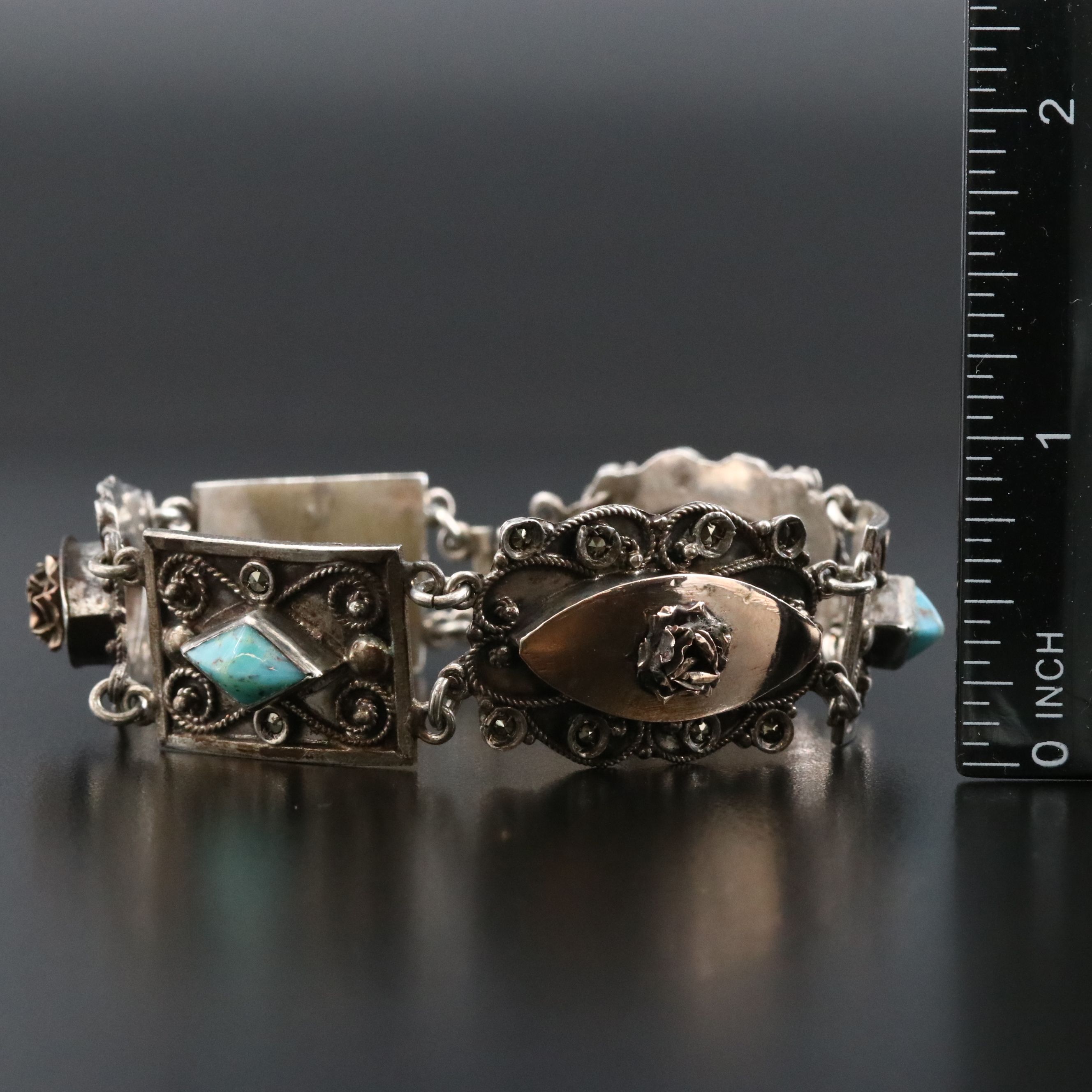 Vintage 800 Silver Turquoise Floral Bracelet
