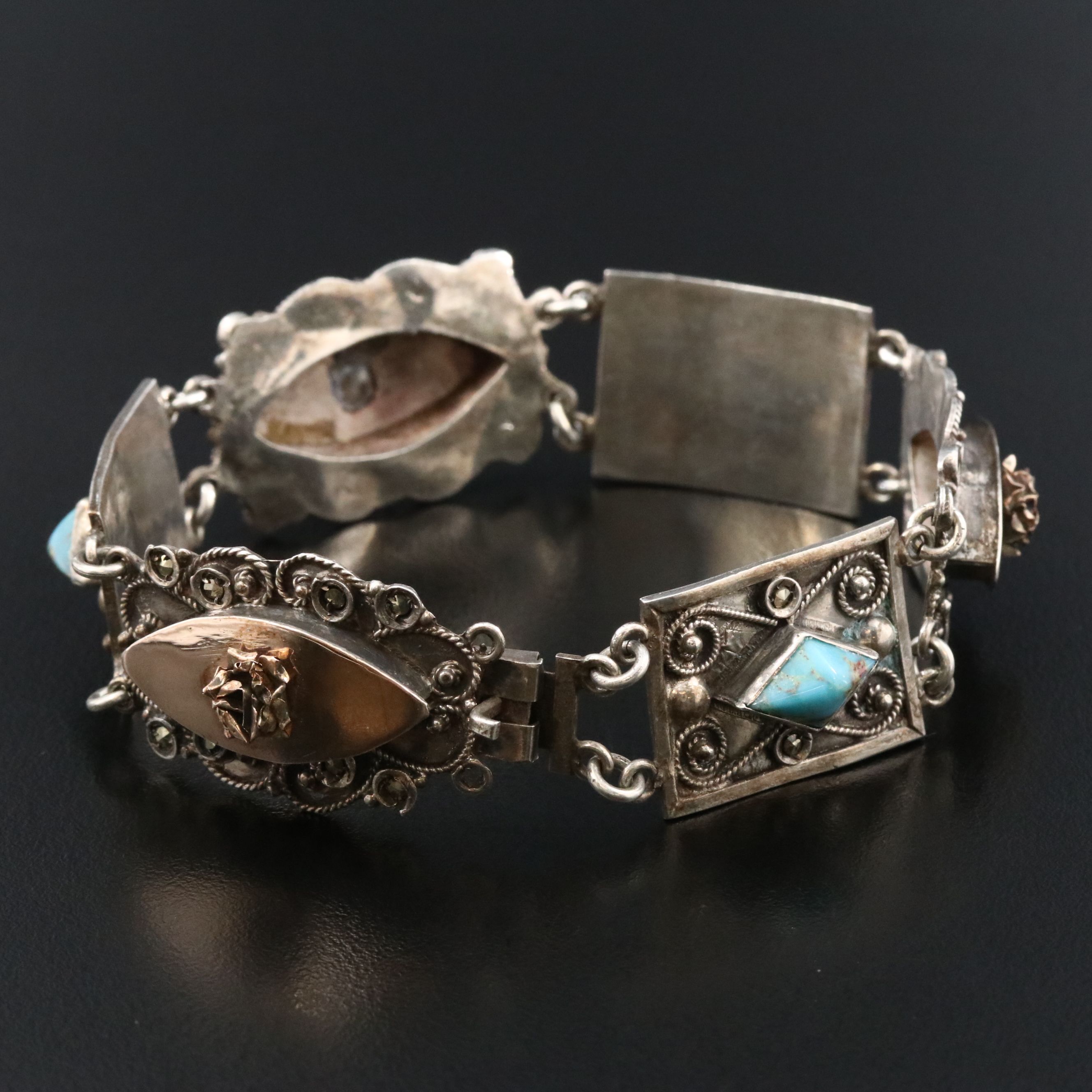 Vintage 800 Silver Turquoise Floral Bracelet