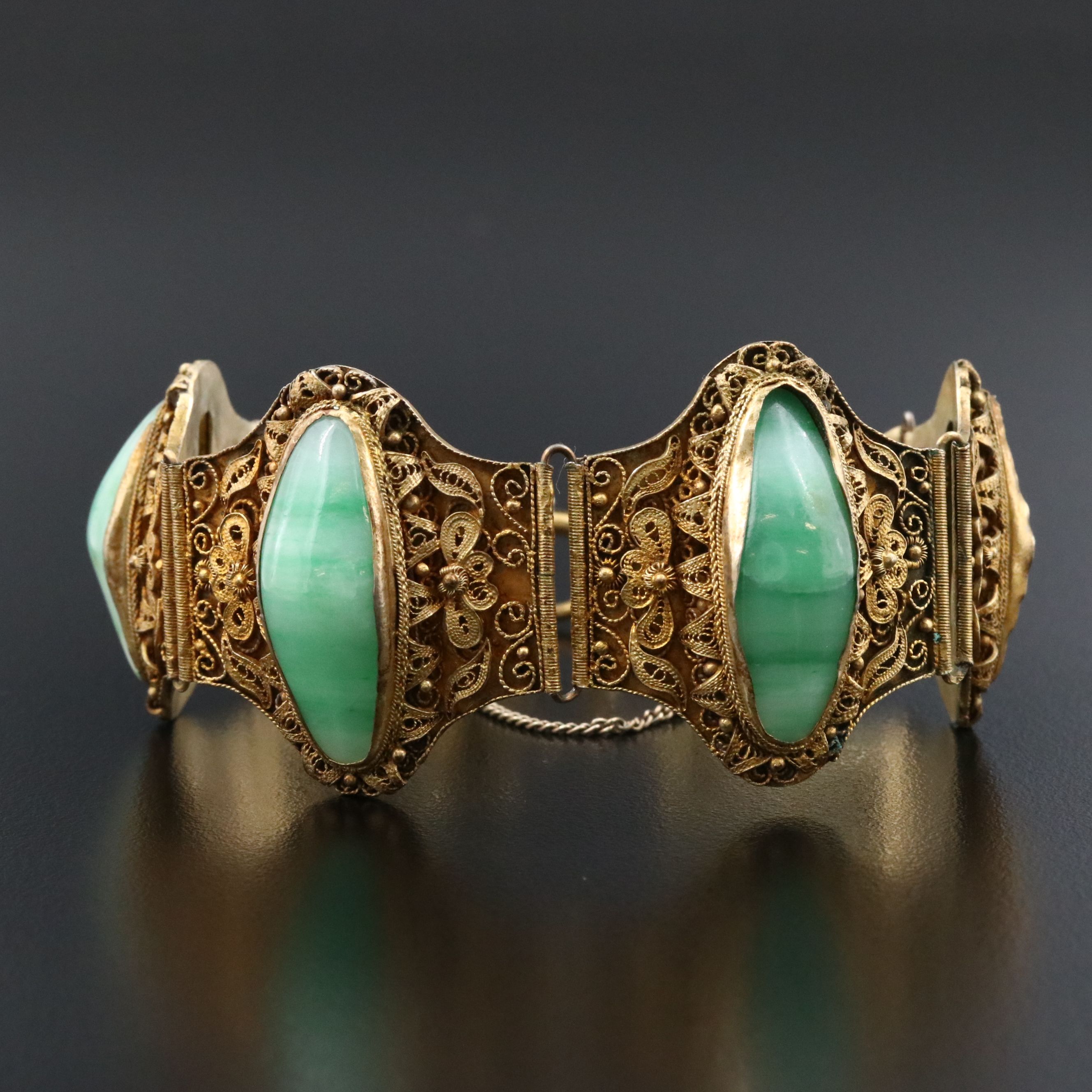 Chinese Export 800 Silver Aventurine Cannetille Panel Bracelet