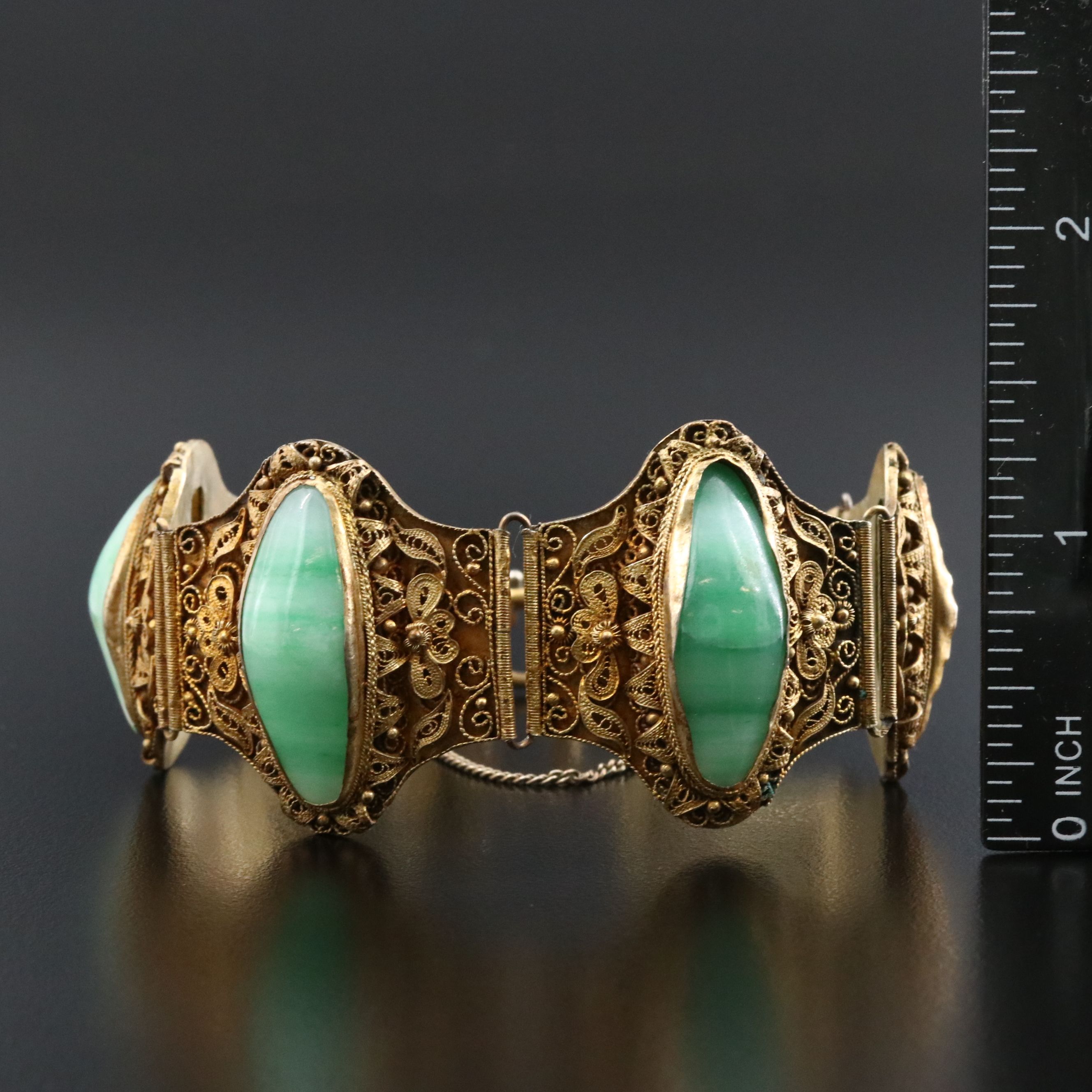 Chinese Export 800 Silver Aventurine Cannetille Panel Bracelet