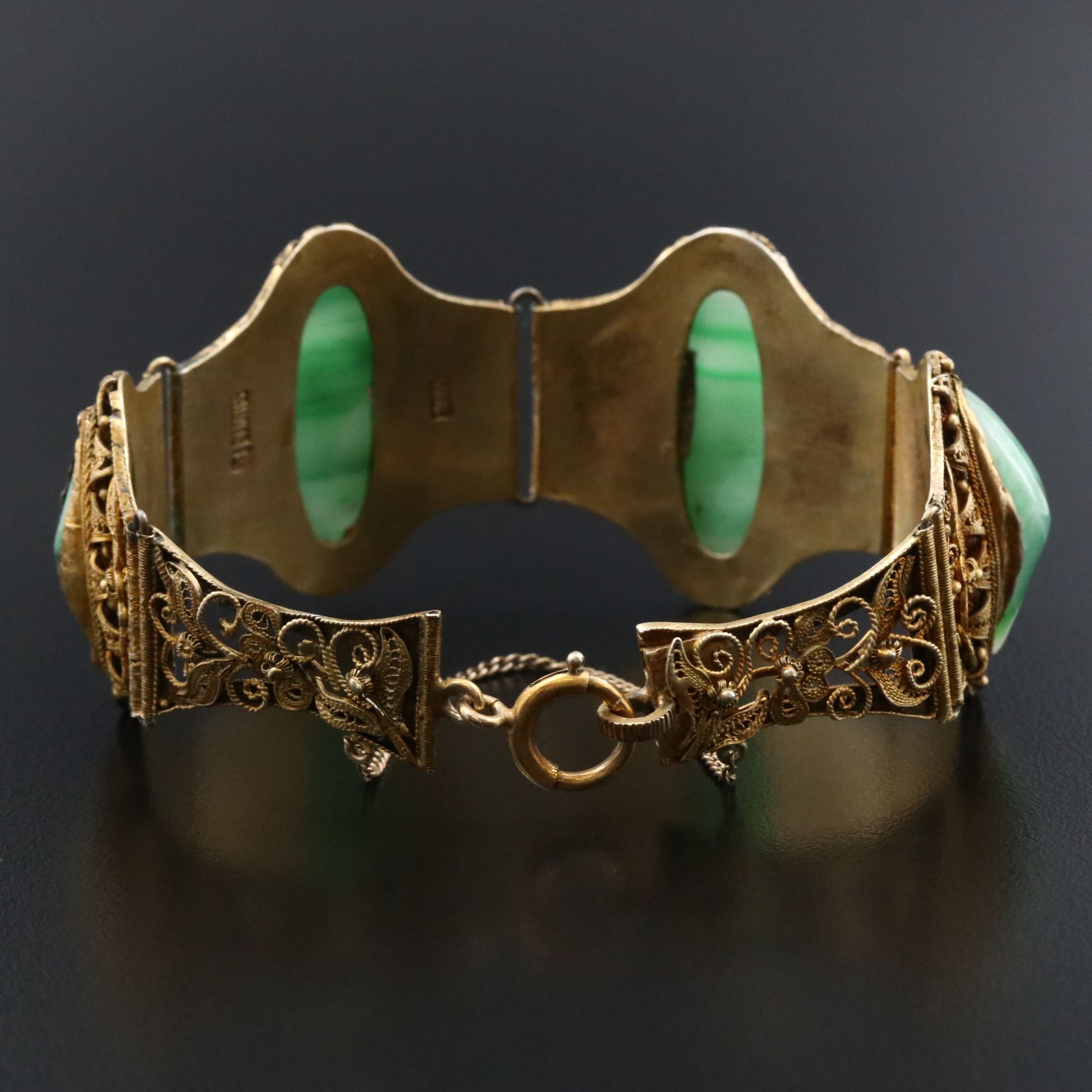 Chinese Export 800 Silver Aventurine Cannetille Panel Bracelet