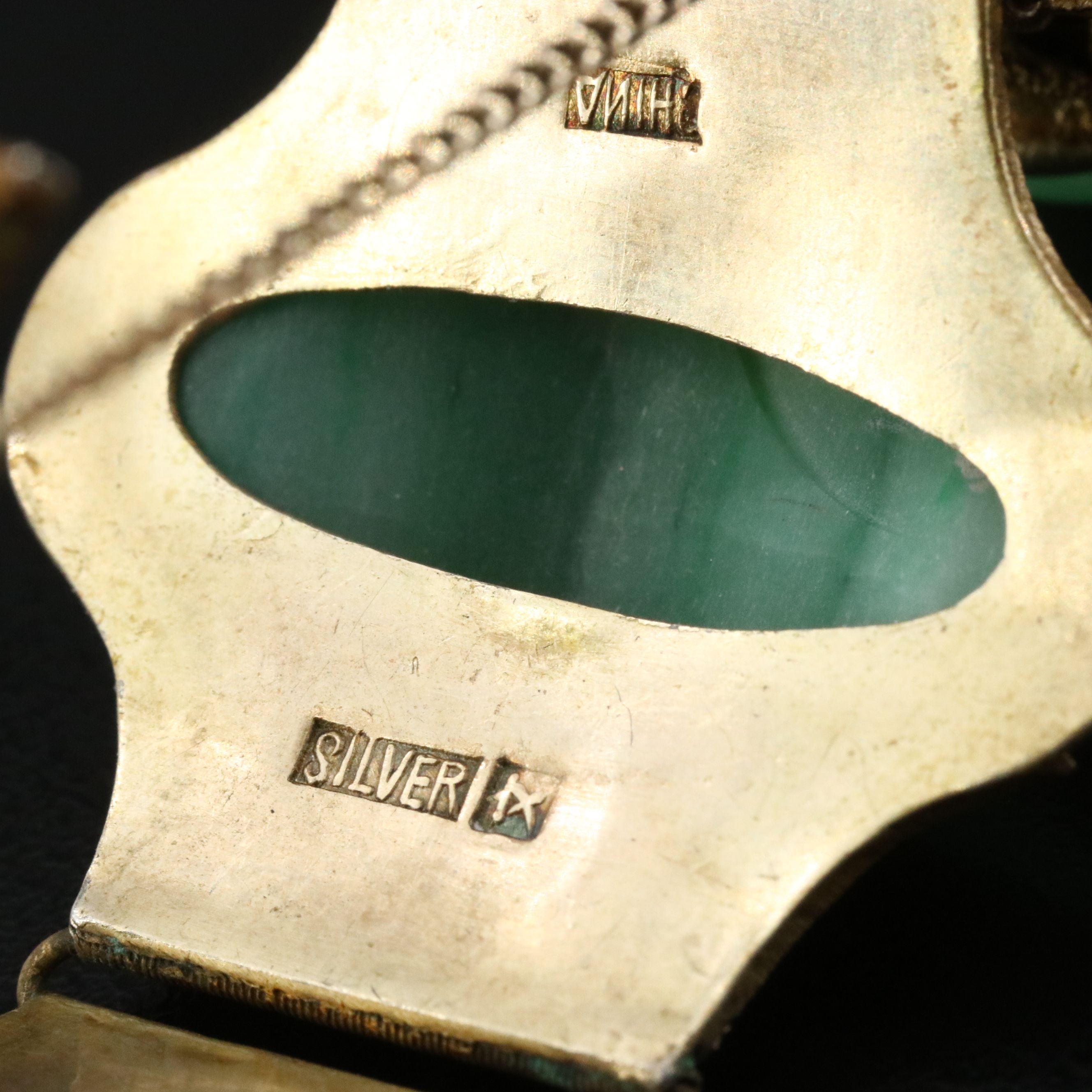 Chinese Export 800 Silver Aventurine Cannetille Panel Bracelet