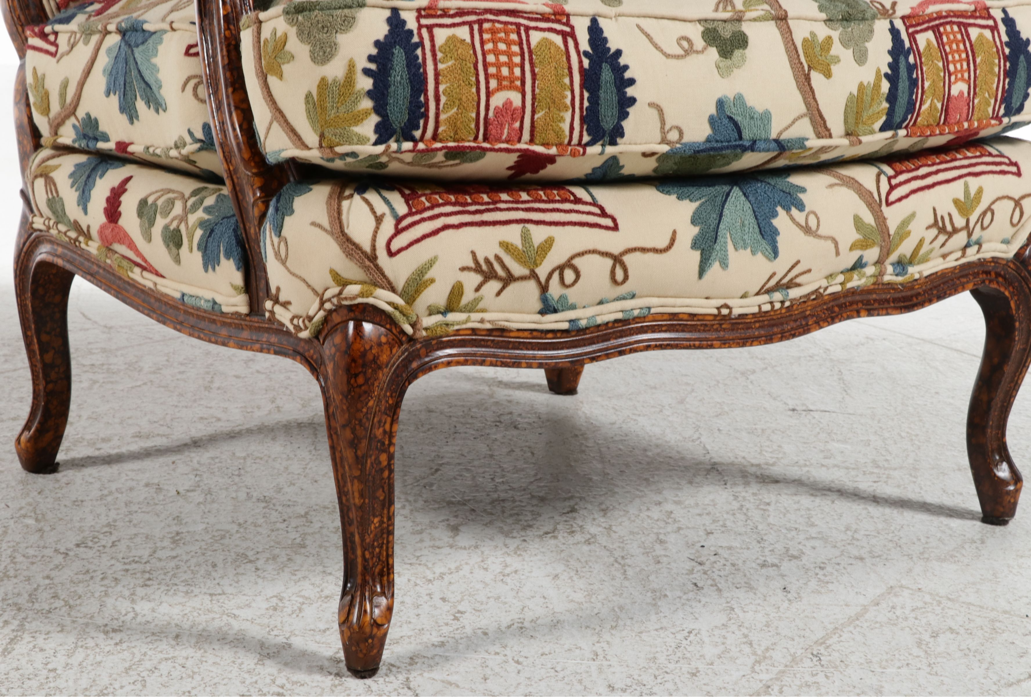 Pearson Louis XV Style Bergère Chair with Chinoiserie Crewel Upholstery