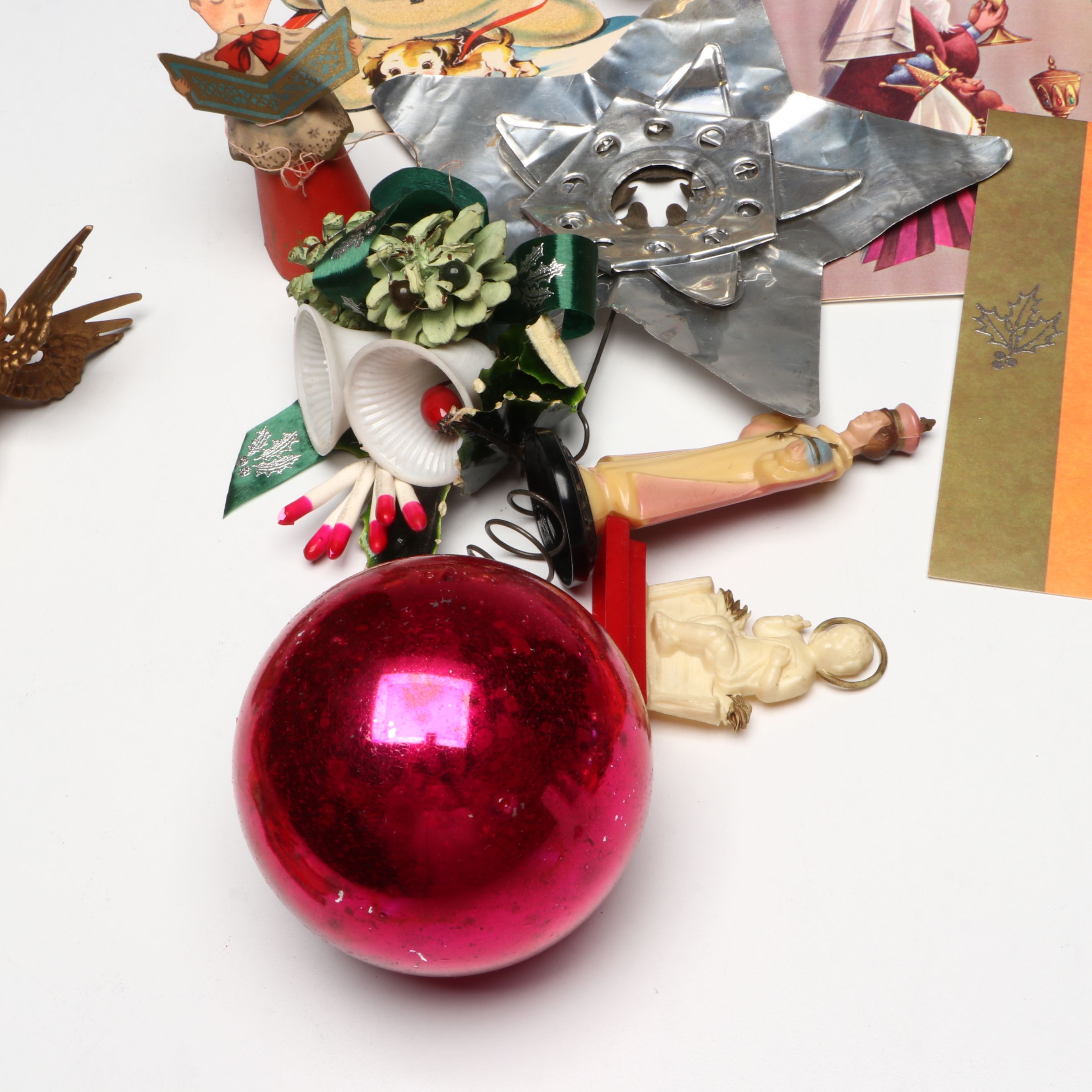 Vintage Mercury Glass Ornaments and Christmas Ephemera, Mid to Late 20th Century