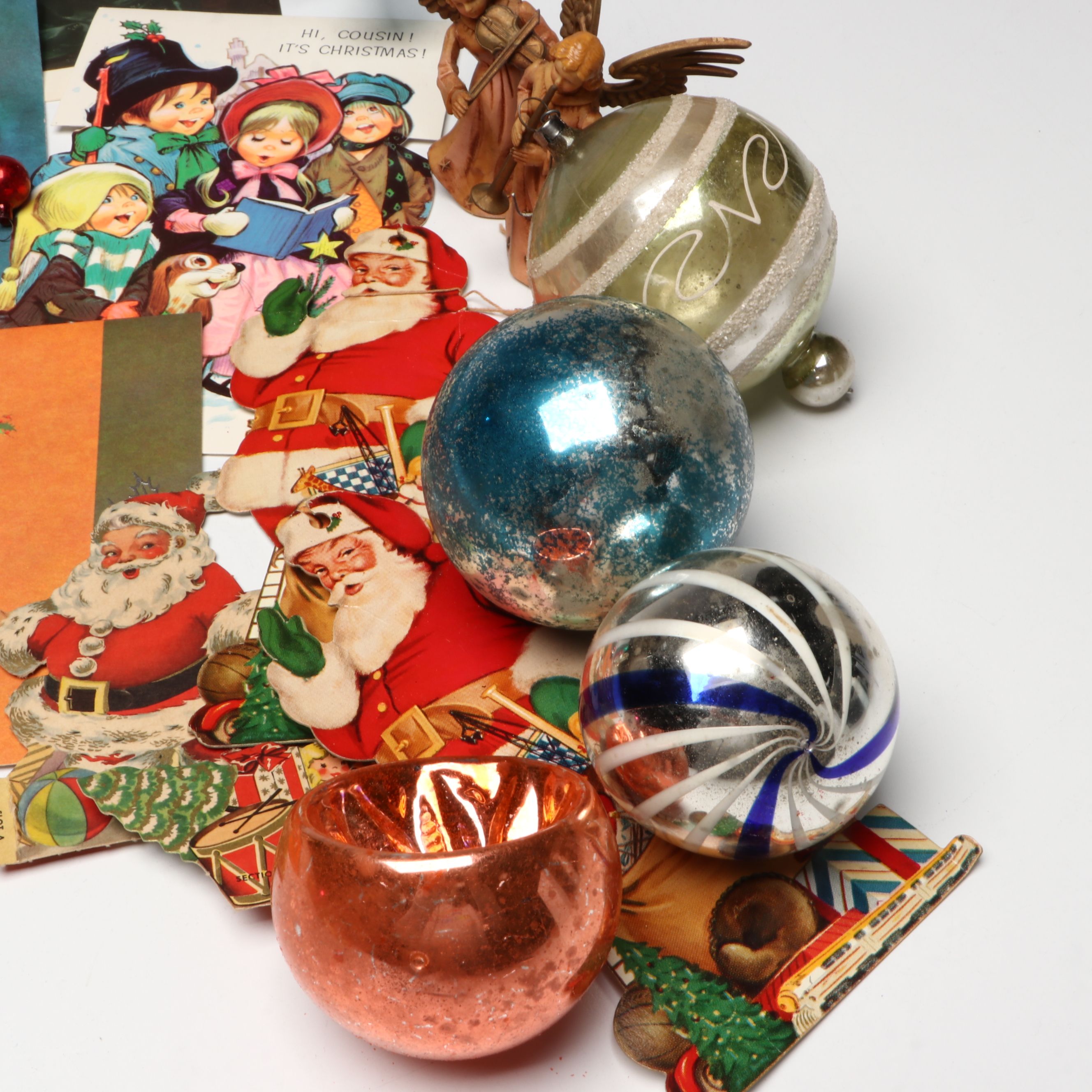 Vintage Mercury Glass Ornaments and Christmas Ephemera, Mid to Late 20th Century