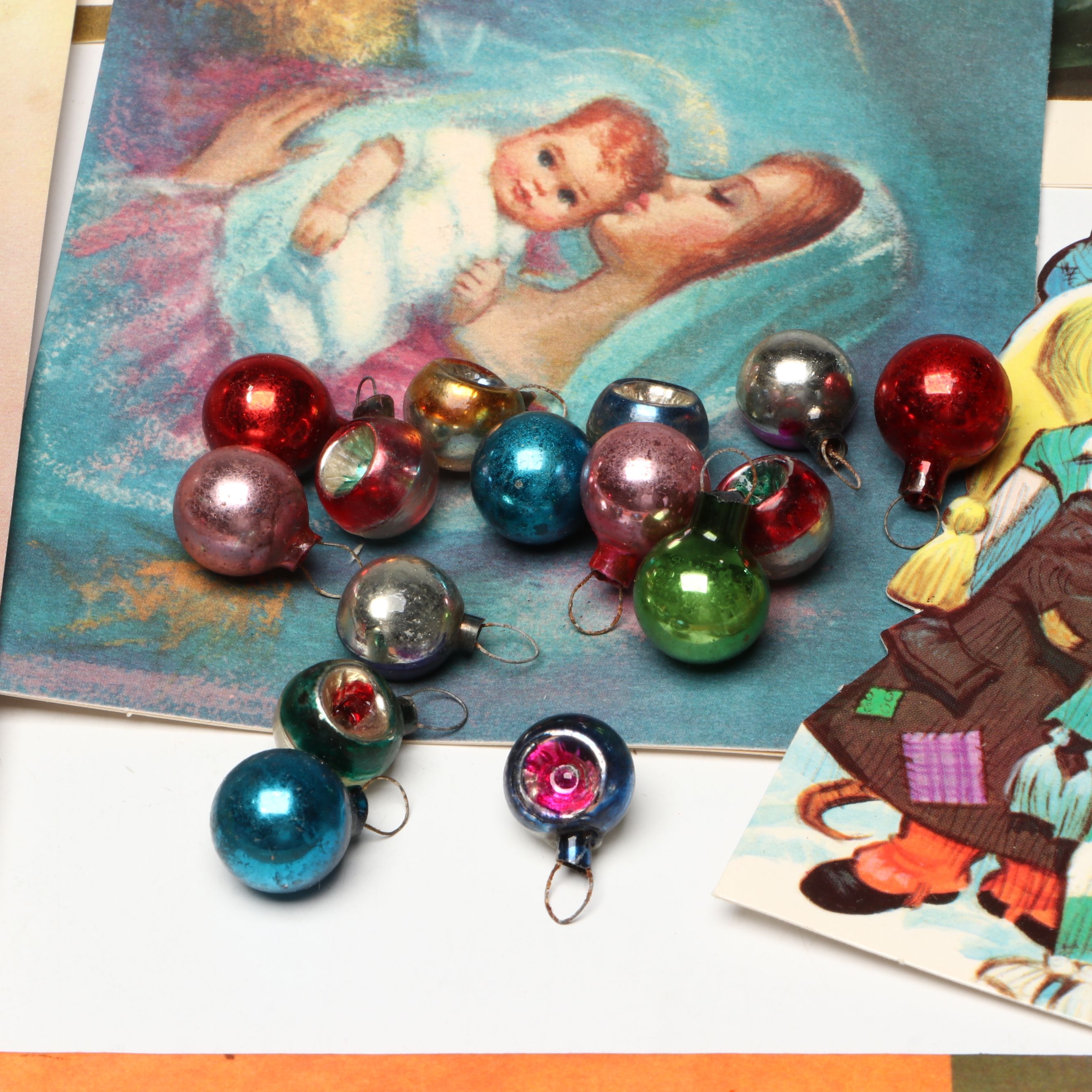 Vintage Mercury Glass Ornaments and Christmas Ephemera, Mid to Late 20th Century